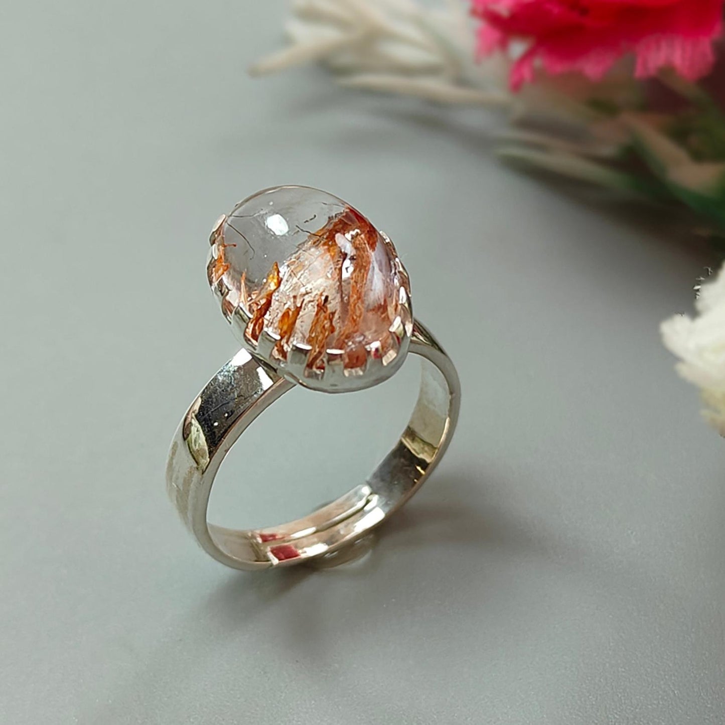 Amethyst Plain Silver Ring: 4.61gms Natural Untreated Super Seven Amethyst Oval Shape Plain 925 Sterling Silver Bezel Set Adjustable Ring