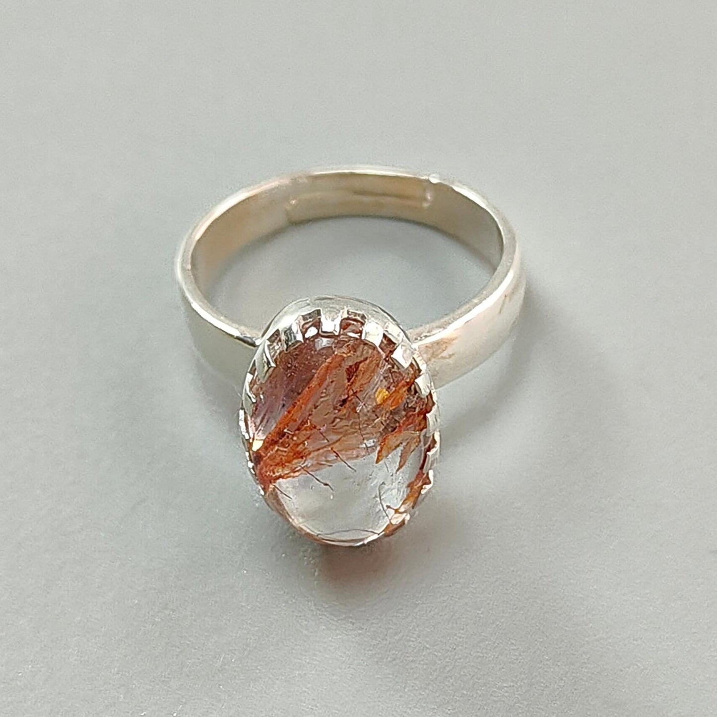 Amethyst Plain Silver Ring: 4.61gms Natural Untreated Super Seven Amethyst Oval Shape Plain 925 Sterling Silver Bezel Set Adjustable Ring