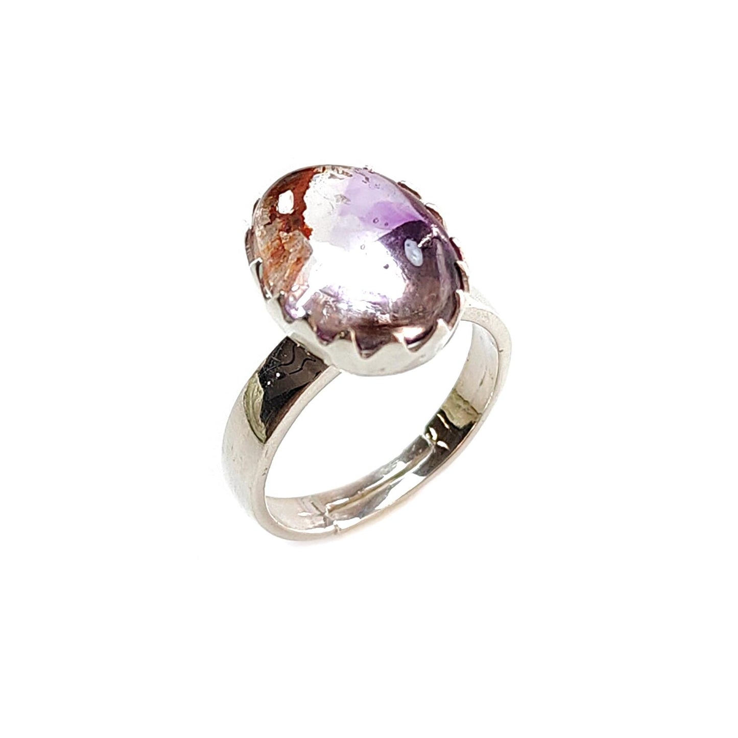 Amethyst Plain Silver Ring: 4.73gms Natural Untreated Super Seven Amethyst Oval Shape Plain 925 Sterling Silver Bezel Set Adjustable Ring