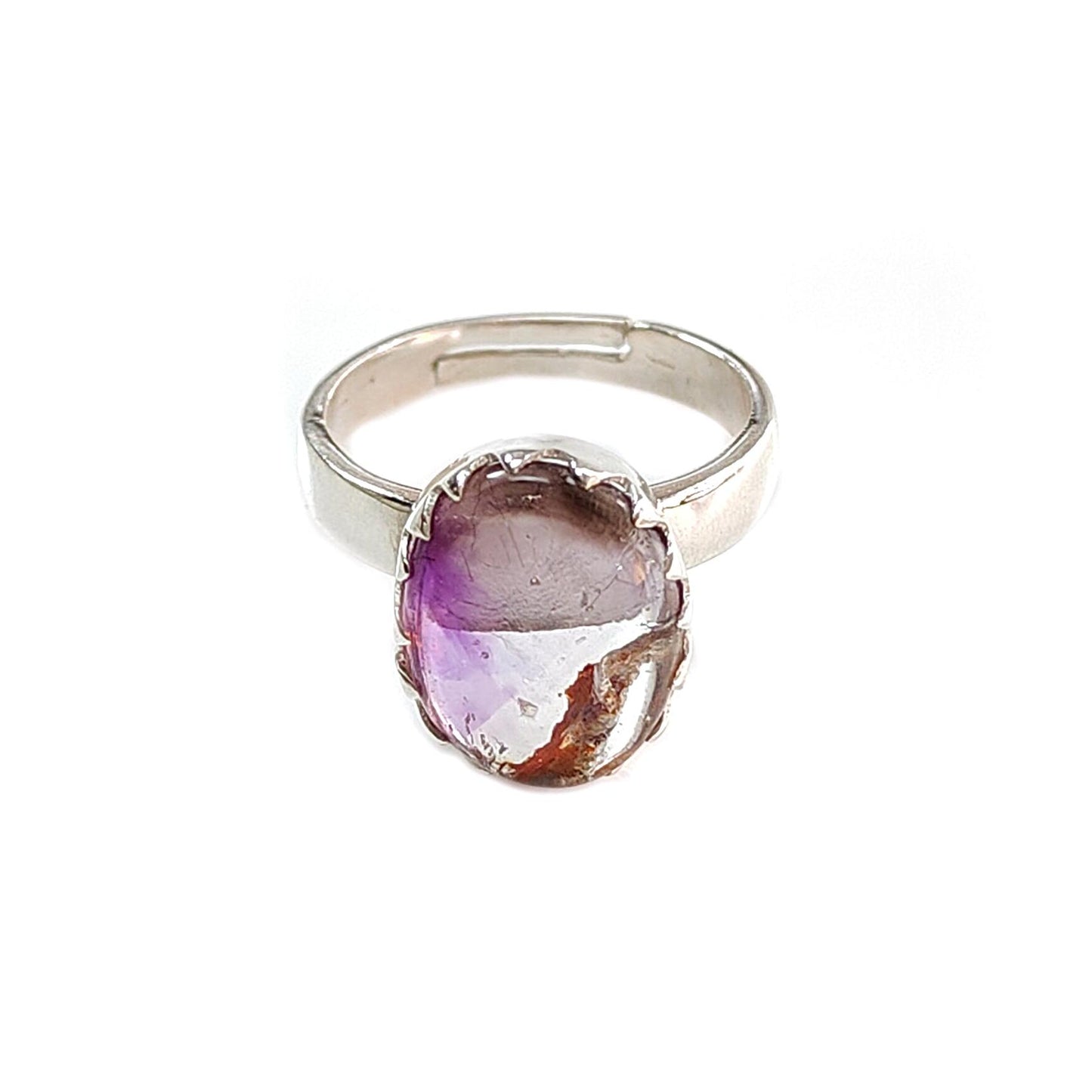 Amethyst Plain Silver Ring: 4.73gms Natural Untreated Super Seven Amethyst Oval Shape Plain 925 Sterling Silver Bezel Set Adjustable Ring