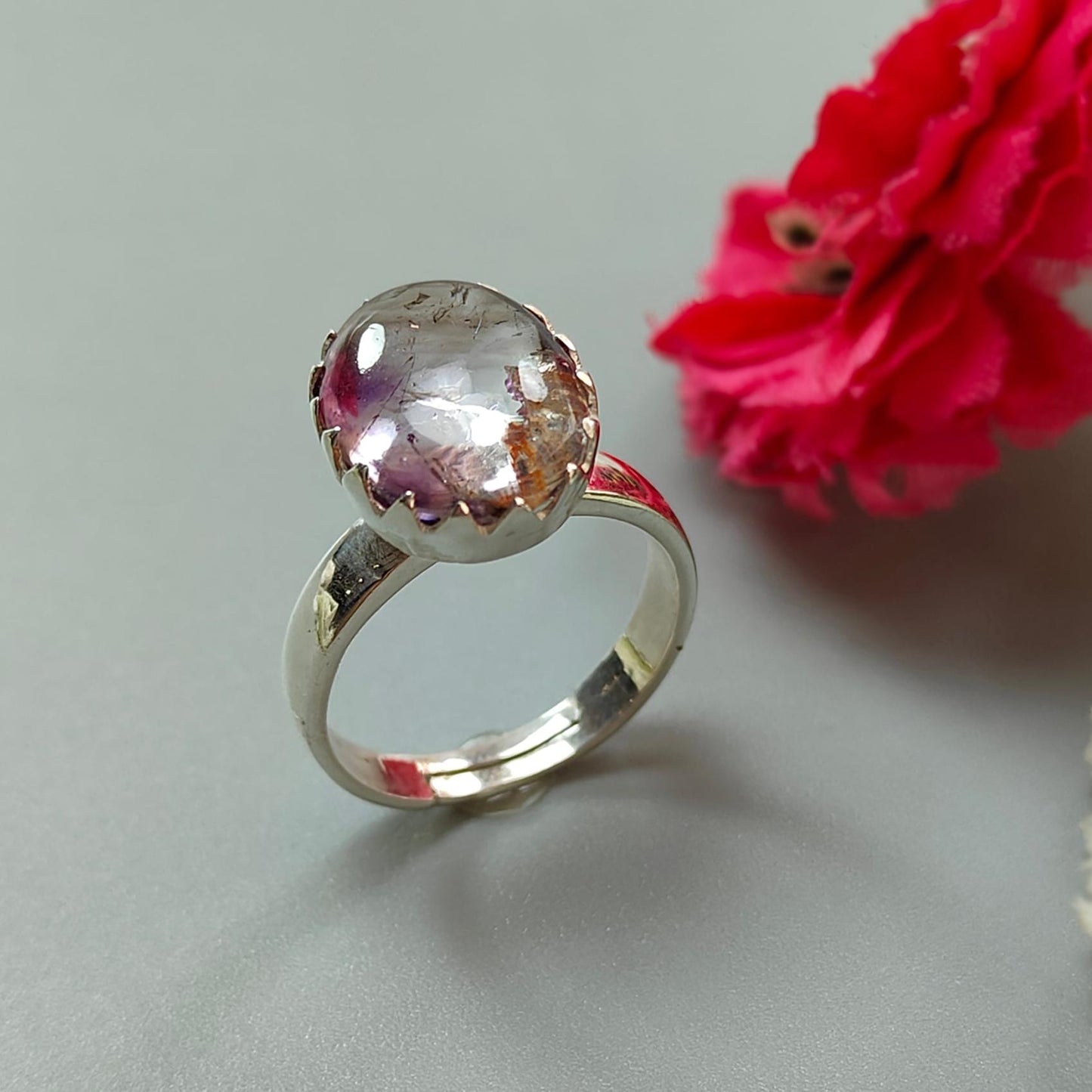 Amethyst Plain Silver Ring: 4.73gms Natural Untreated Super Seven Amethyst Oval Shape Plain 925 Sterling Silver Bezel Set Adjustable Ring