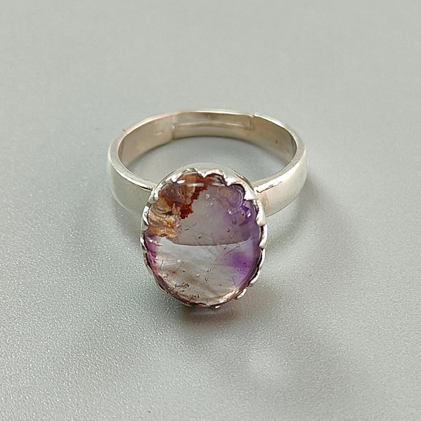 Amethyst Plain Silver Ring: 4.73gms Natural Untreated Super Seven Amethyst Oval Shape Plain 925 Sterling Silver Bezel Set Adjustable Ring