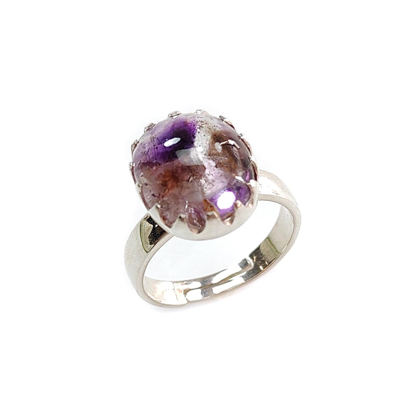 Amethyst Plain Silver Ring: 4.93gms Natural Untreated Super Seven Amethyst Oval Shape Plain 925 Sterling Silver Bezel Set Adjustable Ring