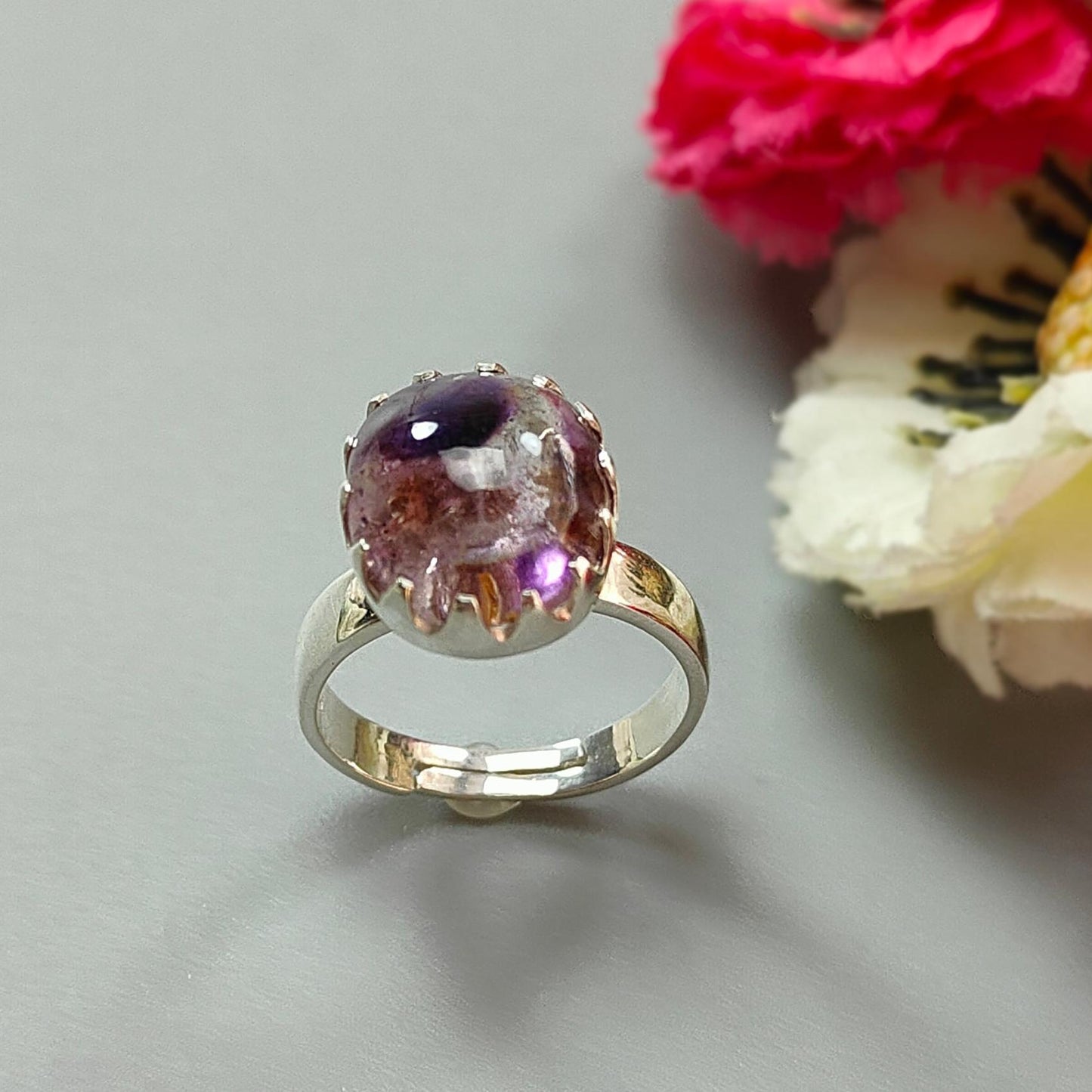 Amethyst Plain Silver Ring: 4.93gms Natural Untreated Super Seven Amethyst Oval Shape Plain 925 Sterling Silver Bezel Set Adjustable Ring