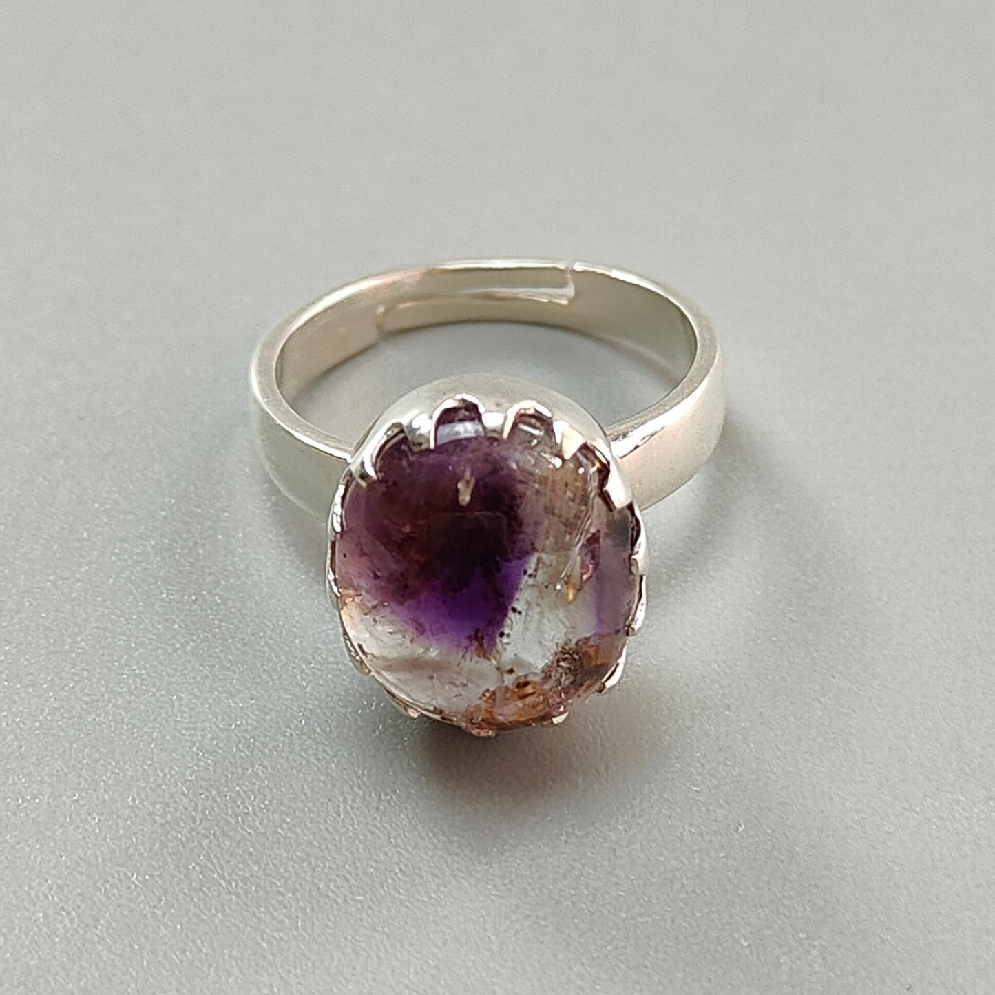 Amethyst Plain Silver Ring: 4.93gms Natural Untreated Super Seven Amethyst Oval Shape Plain 925 Sterling Silver Bezel Set Adjustable Ring