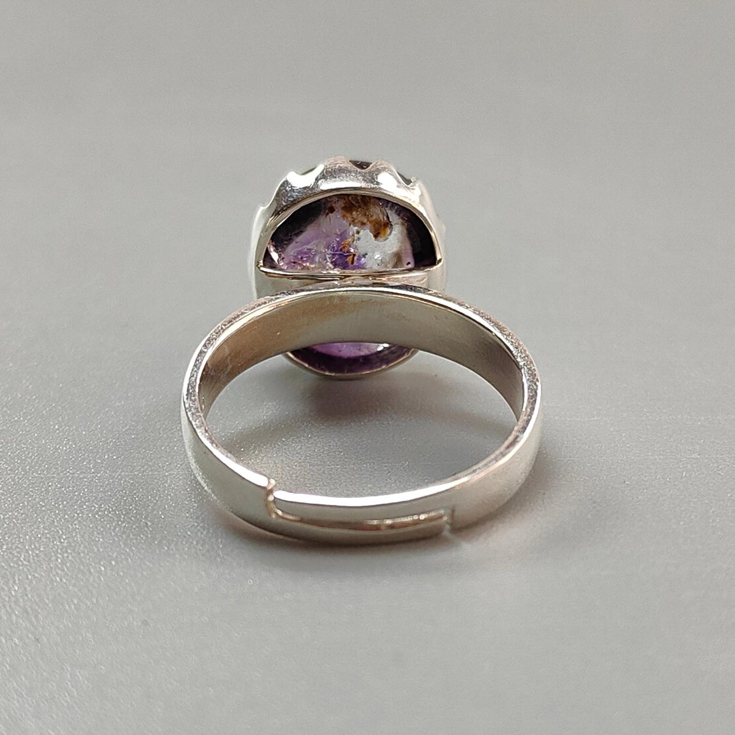Amethyst Plain Silver Ring: 4.93gms Natural Untreated Super Seven Amethyst Oval Shape Plain 925 Sterling Silver Bezel Set Adjustable Ring
