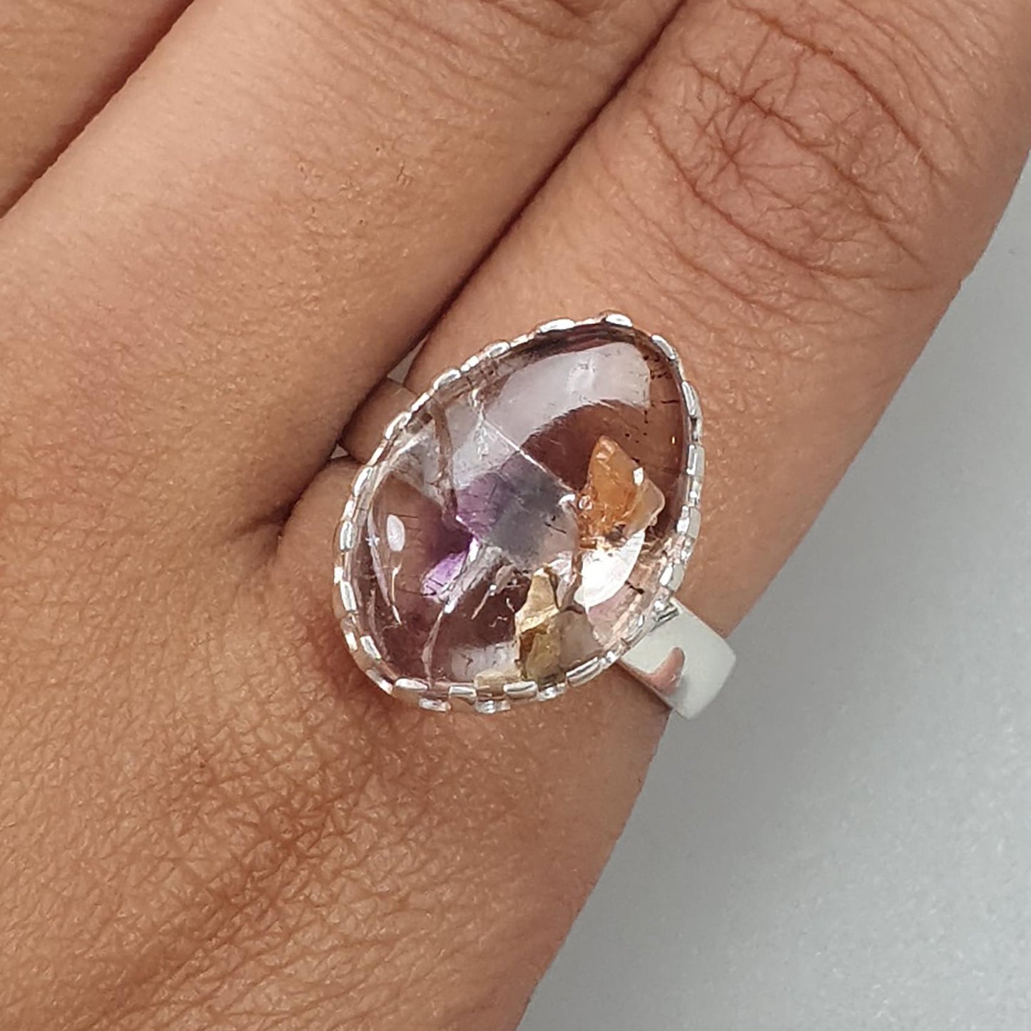Amethyst Plain Silver Ring: 5.31gms Natural Untreated Super Seven Amethyst Fancy Shape Plain 925 Sterling Silver Bezel Set Adjustable Ring