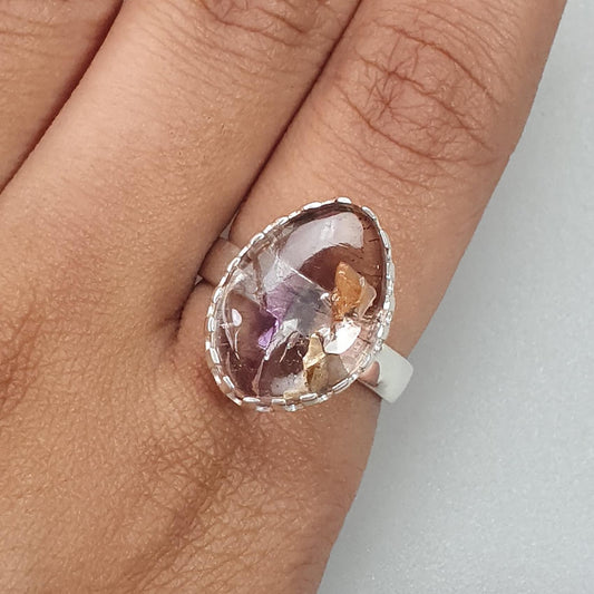 Amethyst Plain Silver Ring: 5.31gms Natural Untreated Super Seven Amethyst Fancy Shape Plain 925 Sterling Silver Bezel Set Adjustable Ring