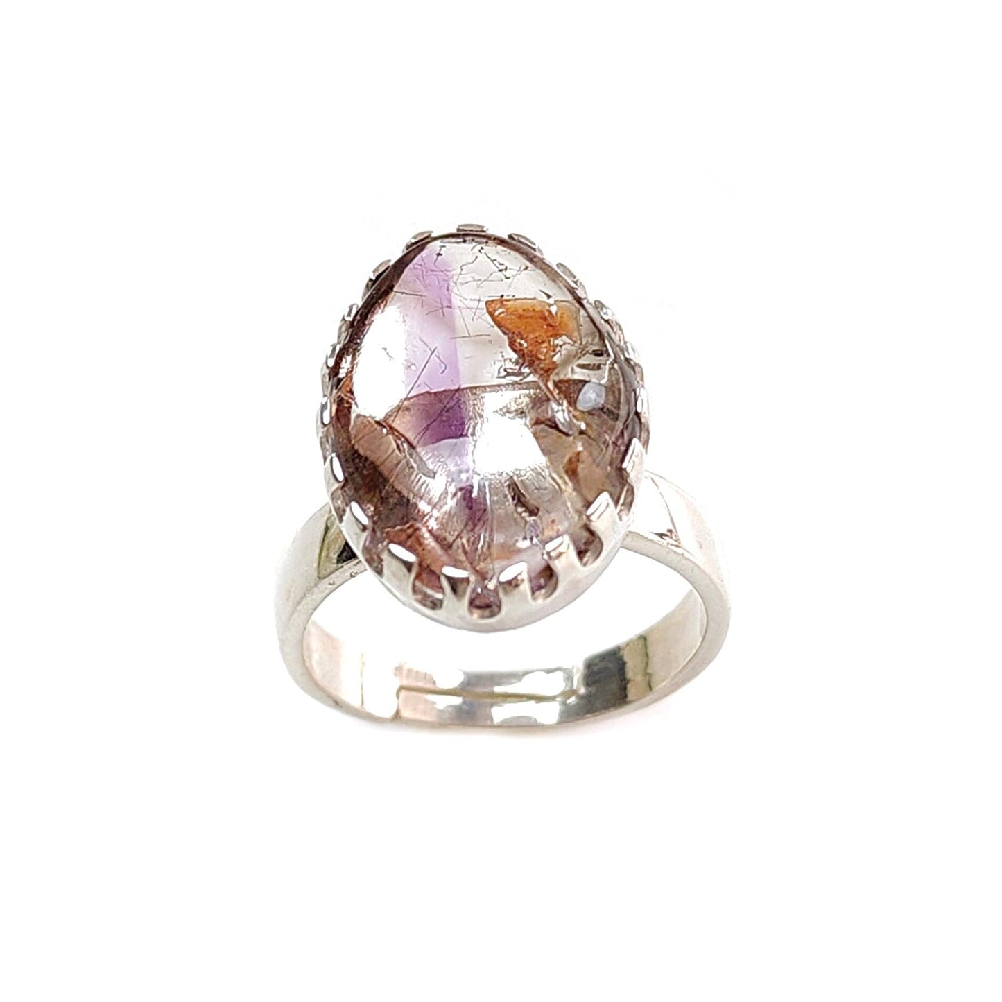 Amethyst Plain Silver Ring: 5.31gms Natural Untreated Super Seven Amethyst Fancy Shape Plain 925 Sterling Silver Bezel Set Adjustable Ring