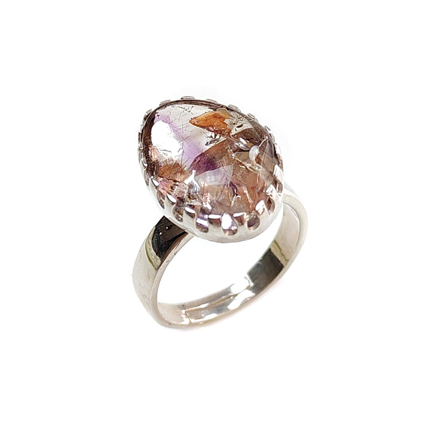 Amethyst Plain Silver Ring: 5.31gms Natural Untreated Super Seven Amethyst Fancy Shape Plain 925 Sterling Silver Bezel Set Adjustable Ring