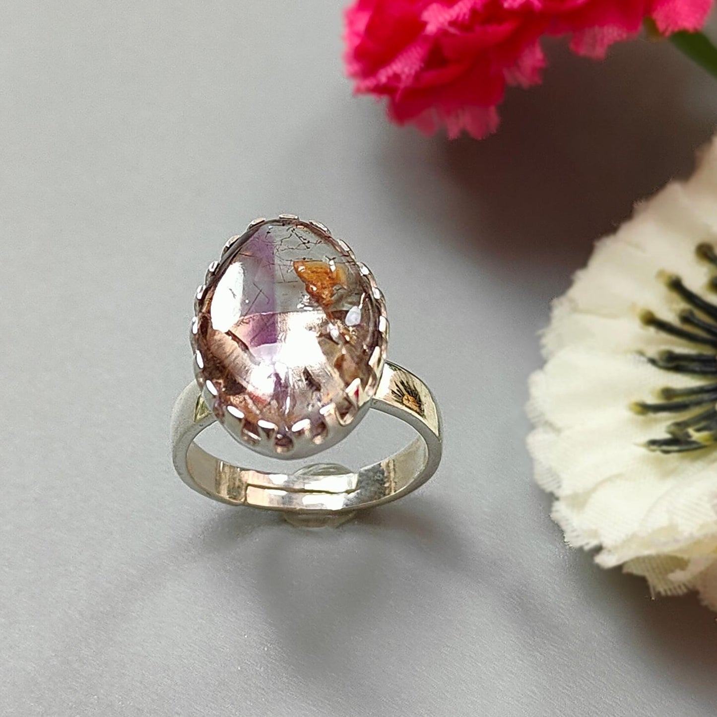 Amethyst Plain Silver Ring: 5.31gms Natural Untreated Super Seven Amethyst Fancy Shape Plain 925 Sterling Silver Bezel Set Adjustable Ring