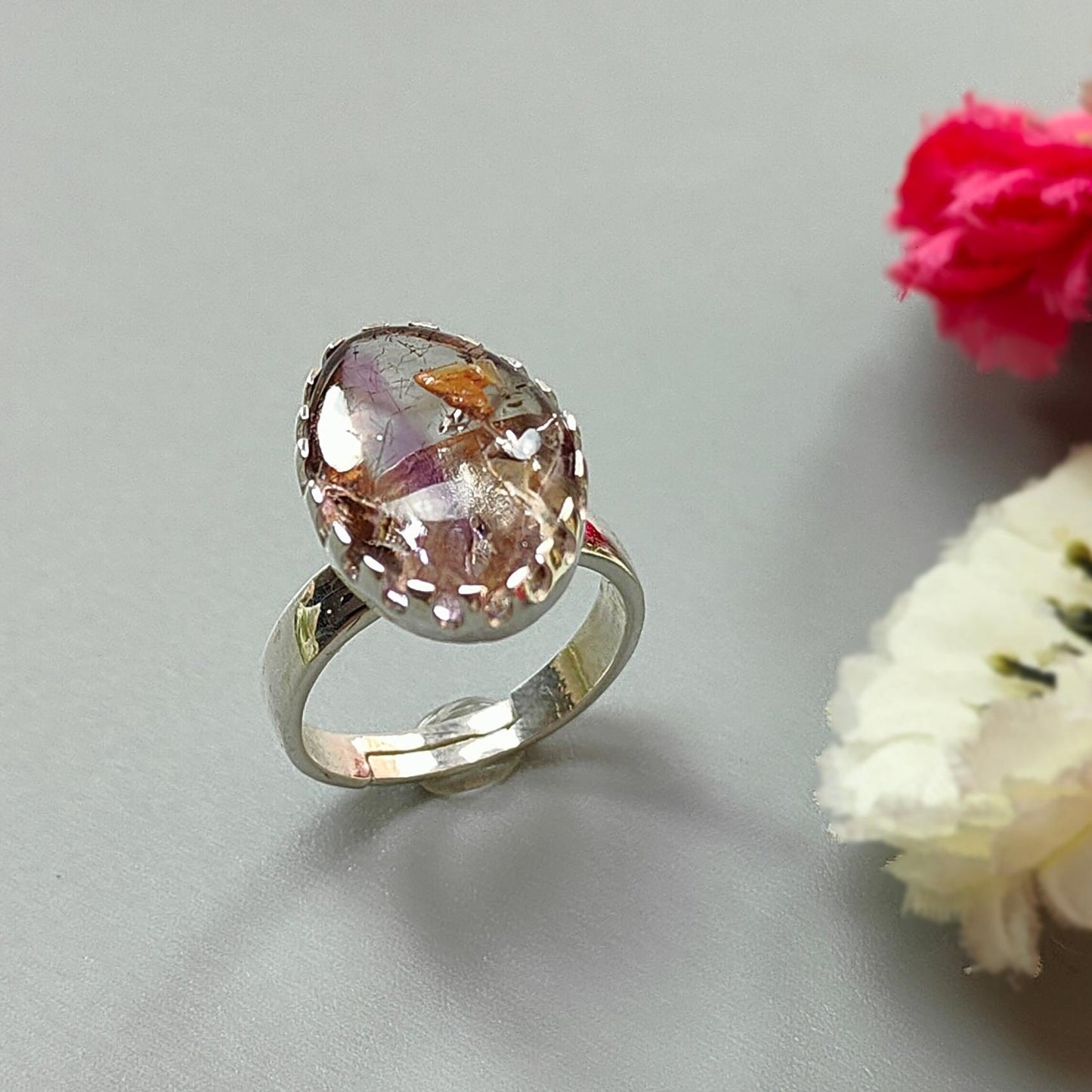 Amethyst Plain Silver Ring: 5.31gms Natural Untreated Super Seven Amethyst Fancy Shape Plain 925 Sterling Silver Bezel Set Adjustable Ring