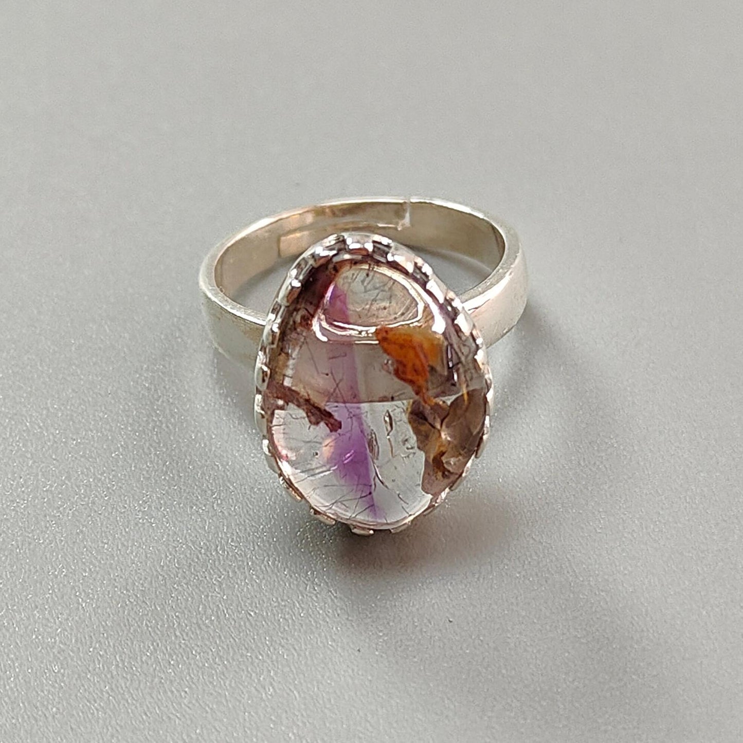 Amethyst Plain Silver Ring: 5.31gms Natural Untreated Super Seven Amethyst Fancy Shape Plain 925 Sterling Silver Bezel Set Adjustable Ring