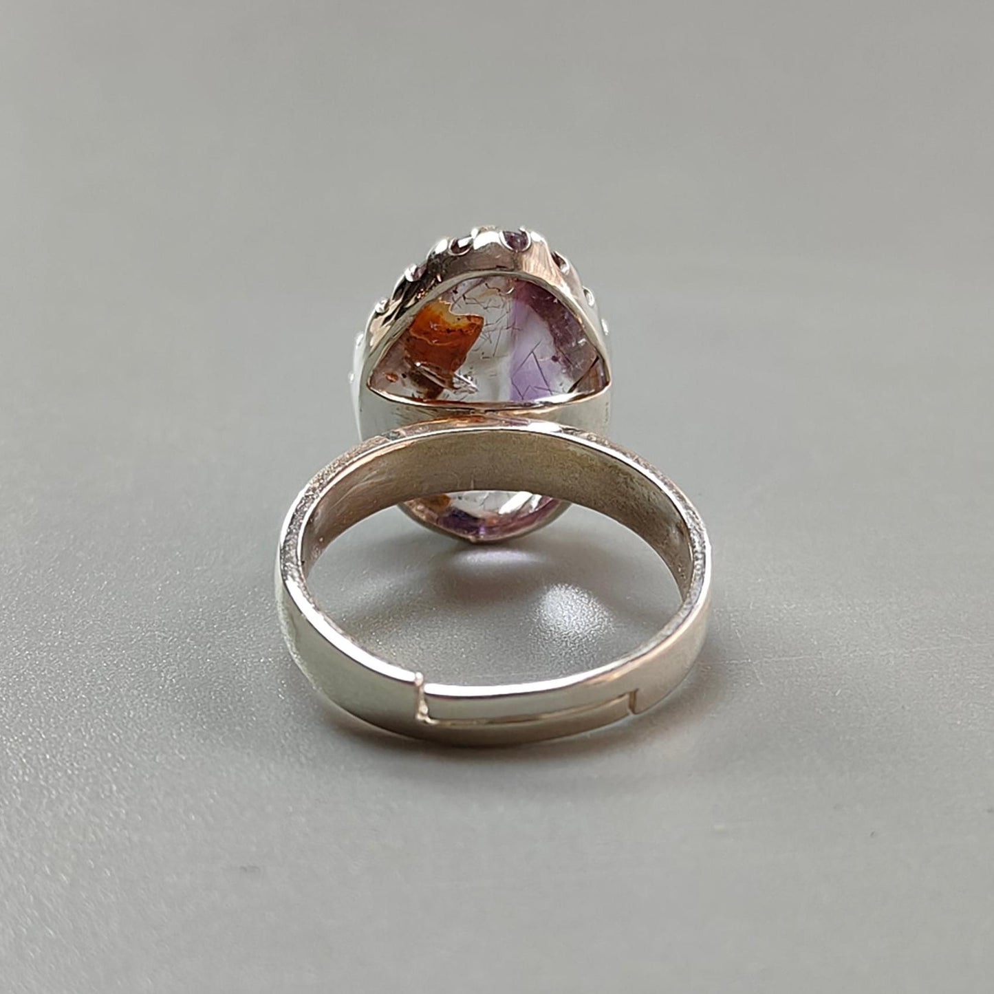 Amethyst Plain Silver Ring: 5.31gms Natural Untreated Super Seven Amethyst Fancy Shape Plain 925 Sterling Silver Bezel Set Adjustable Ring