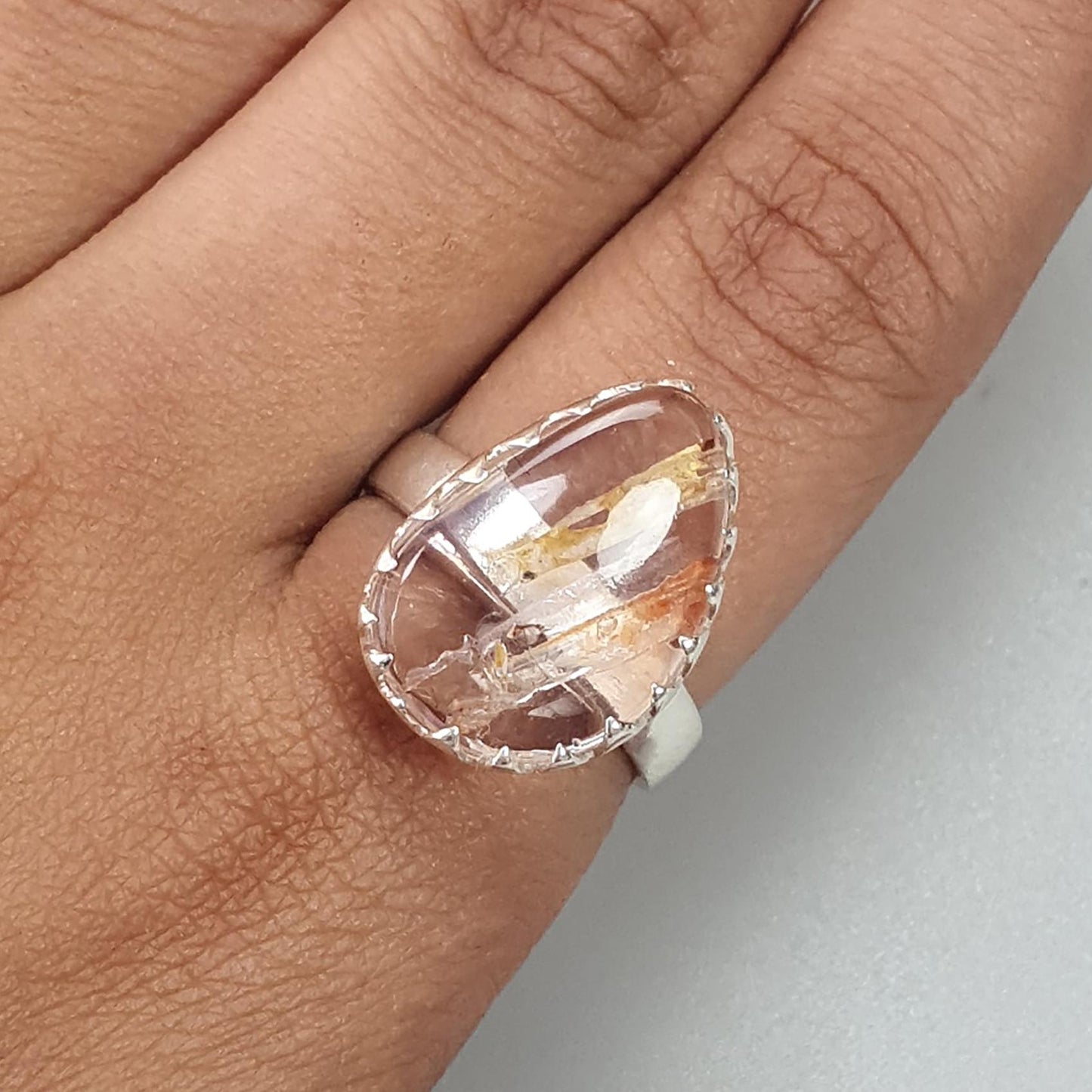 Amethyst Plain Silver Ring: 5.36gms Natural Untreated Super Seven Amethyst Fancy Shape Plain 925 Sterling Silver Bezel Set Adjustable Ring