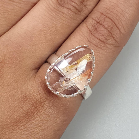 Amethyst Plain Silver Ring: 5.36gms Natural Untreated Super Seven Amethyst Fancy Shape Plain 925 Sterling Silver Bezel Set Adjustable Ring