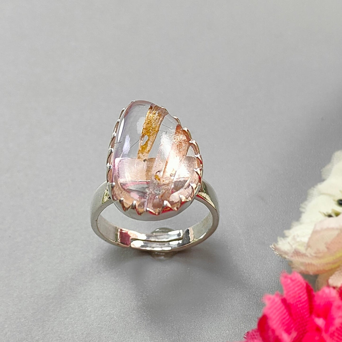 Amethyst Plain Silver Ring: 5.36gms Natural Untreated Super Seven Amethyst Fancy Shape Plain 925 Sterling Silver Bezel Set Adjustable Ring