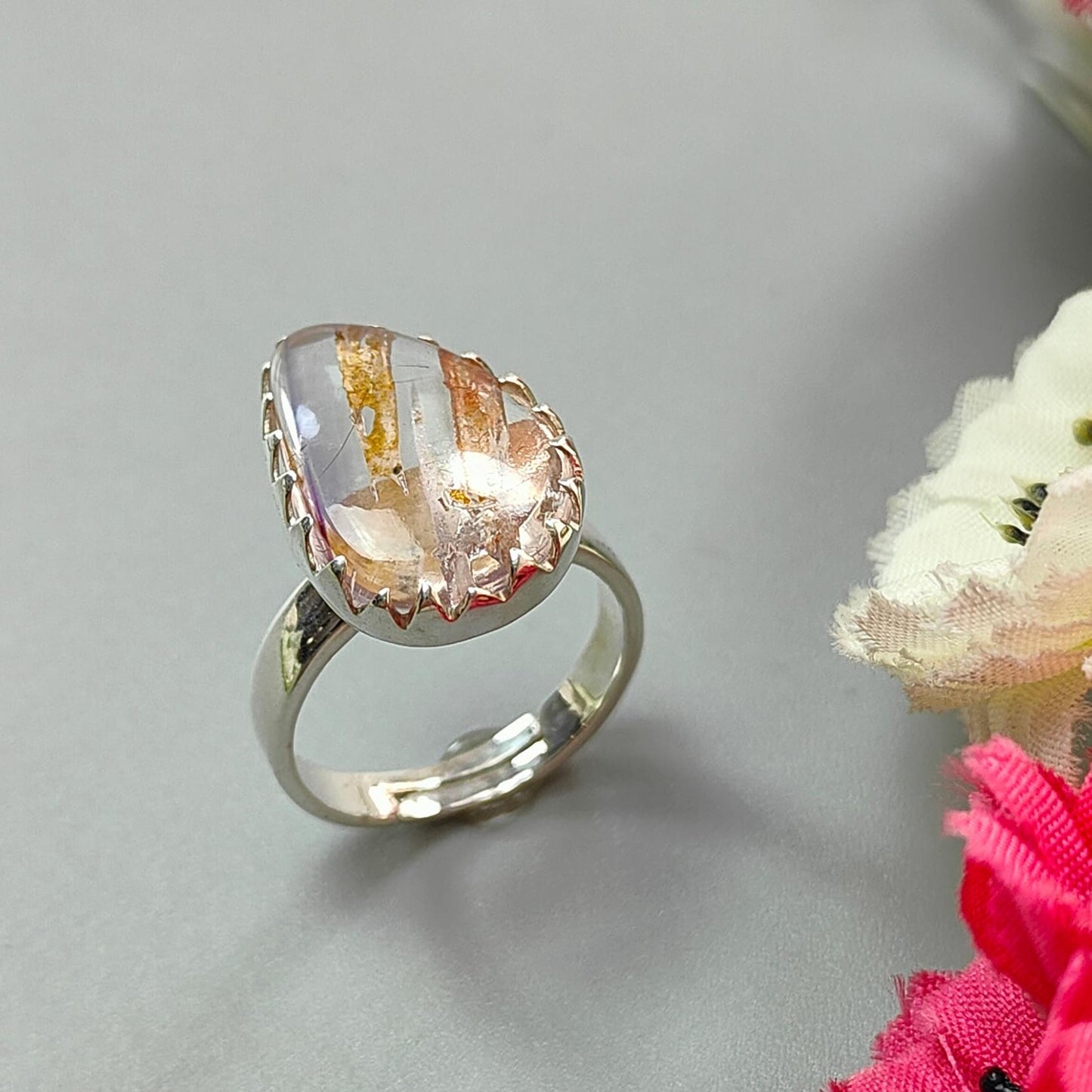 Amethyst Plain Silver Ring: 5.36gms Natural Untreated Super Seven Amethyst Fancy Shape Plain 925 Sterling Silver Bezel Set Adjustable Ring