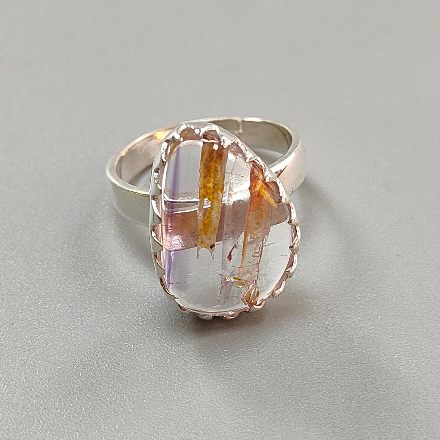 Amethyst Plain Silver Ring: 5.36gms Natural Untreated Super Seven Amethyst Fancy Shape Plain 925 Sterling Silver Bezel Set Adjustable Ring