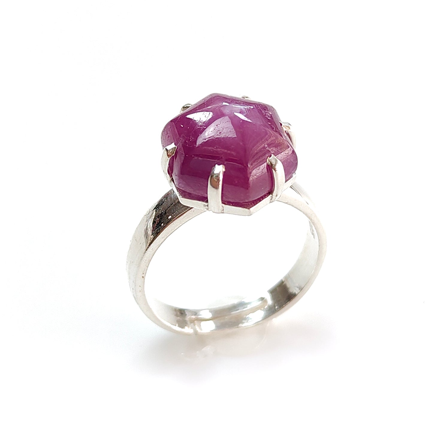 Ruby Cabochon Sugar Loaf Ring: 5.47gms Natural Untreated Sheen Ruby Cabochon 925 Sterling Silver Prong Set Adjustable Ring