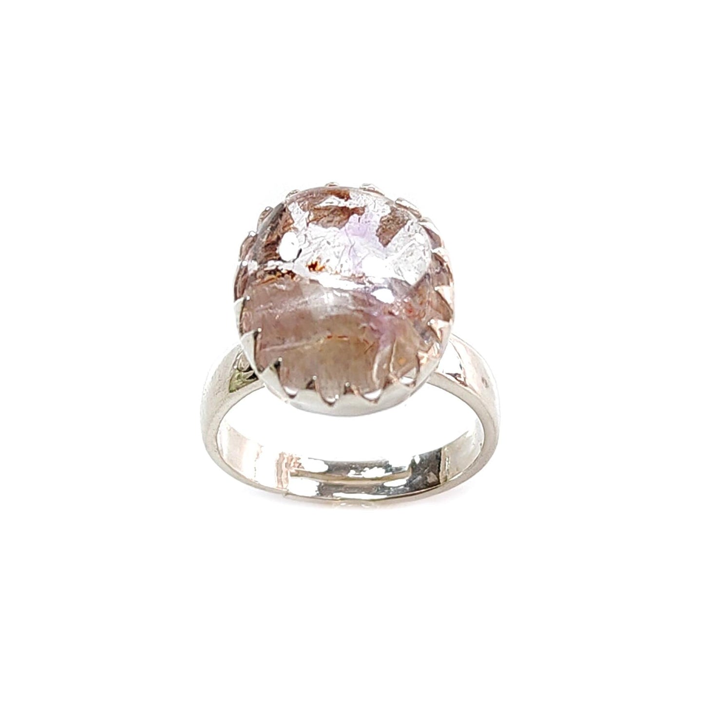 Amethyst Plain Silver Ring: 5.39gms Natural Untreated Super Seven Amethyst Oval Shape Plain 925 Sterling Silver Bezel Set Adjustable Ring