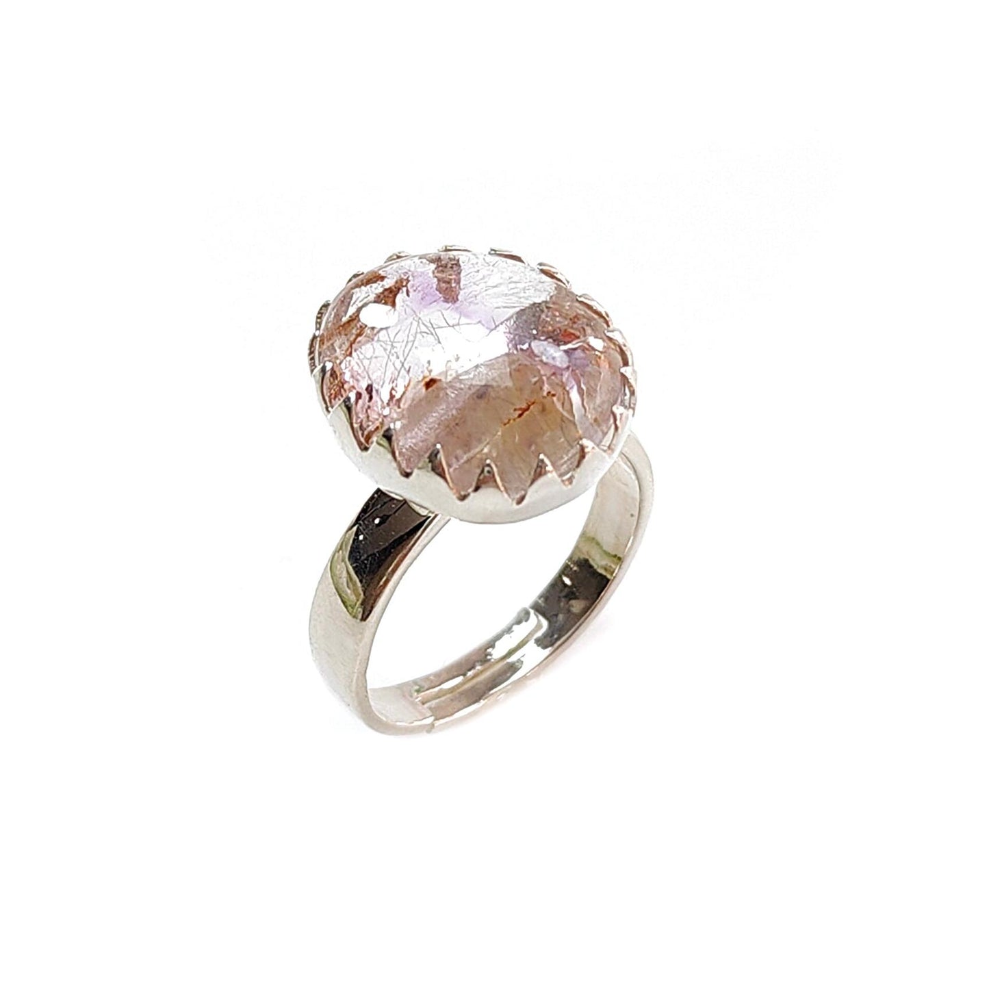 Amethyst Plain Silver Ring: 5.39gms Natural Untreated Super Seven Amethyst Oval Shape Plain 925 Sterling Silver Bezel Set Adjustable Ring