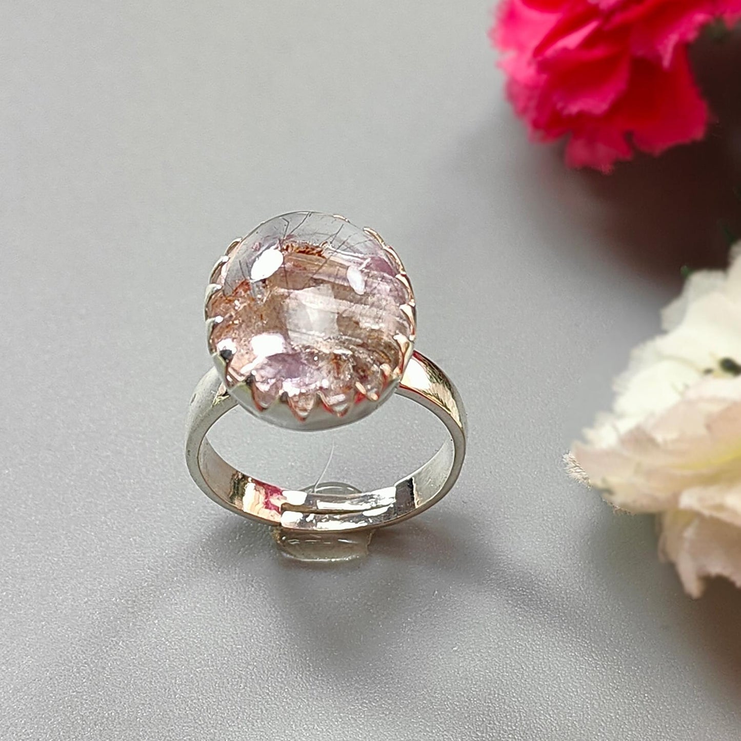 Amethyst Plain Silver Ring: 5.39gms Natural Untreated Super Seven Amethyst Oval Shape Plain 925 Sterling Silver Bezel Set Adjustable Ring