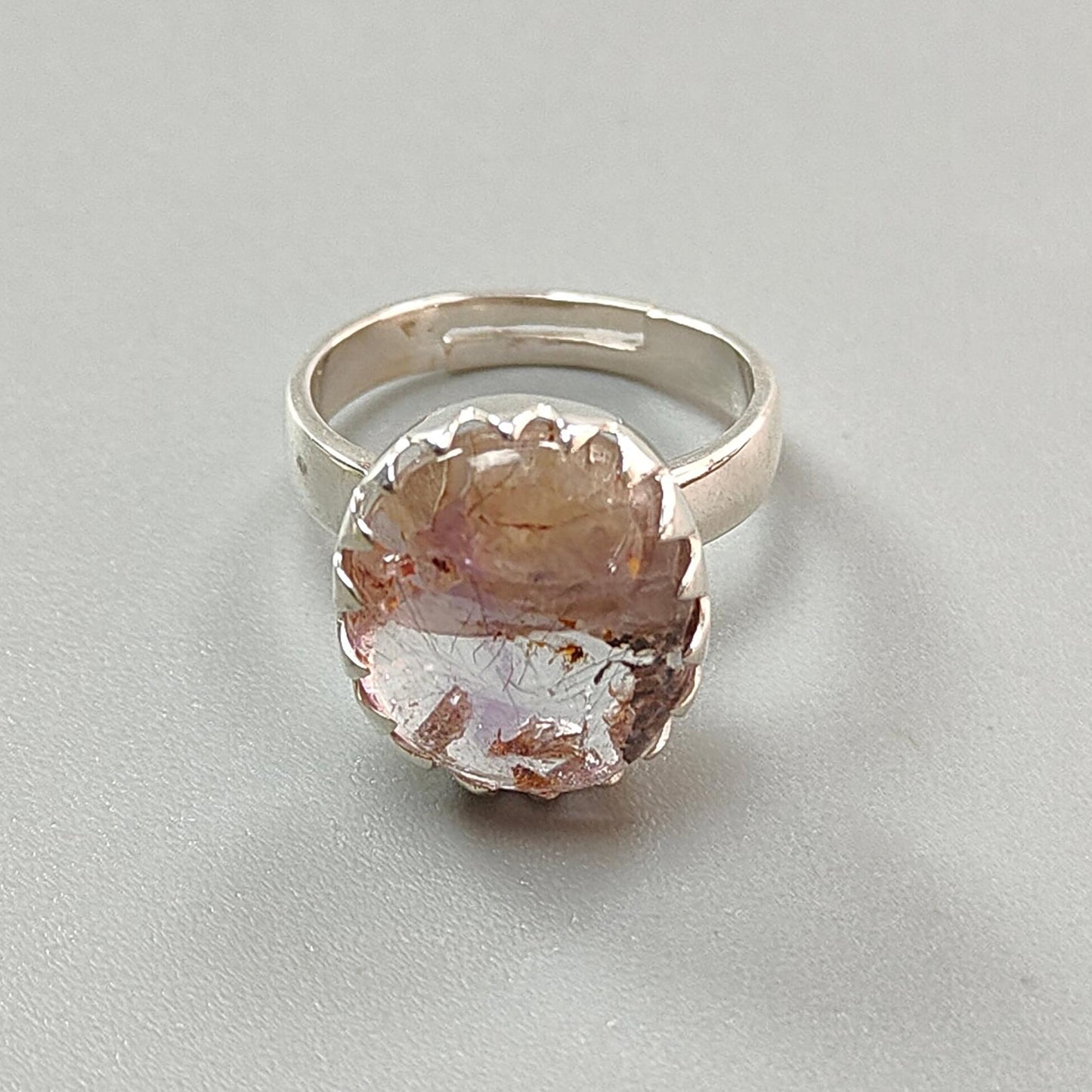 Amethyst Plain Silver Ring: 5.39gms Natural Untreated Super Seven Amethyst Oval Shape Plain 925 Sterling Silver Bezel Set Adjustable Ring