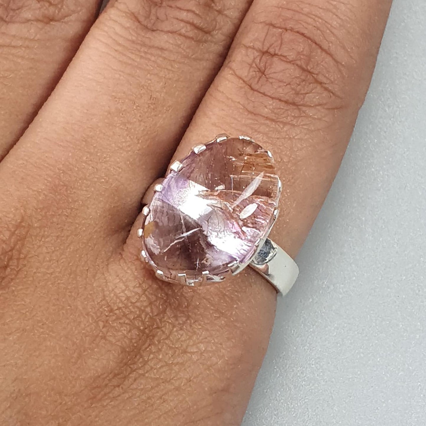 Amethyst Plain Silver Ring: 5.41gms Natural Untreated Super Seven Amethyst Fancy Shape Plain 925 Sterling Silver Bezel Set Adjustable Ring