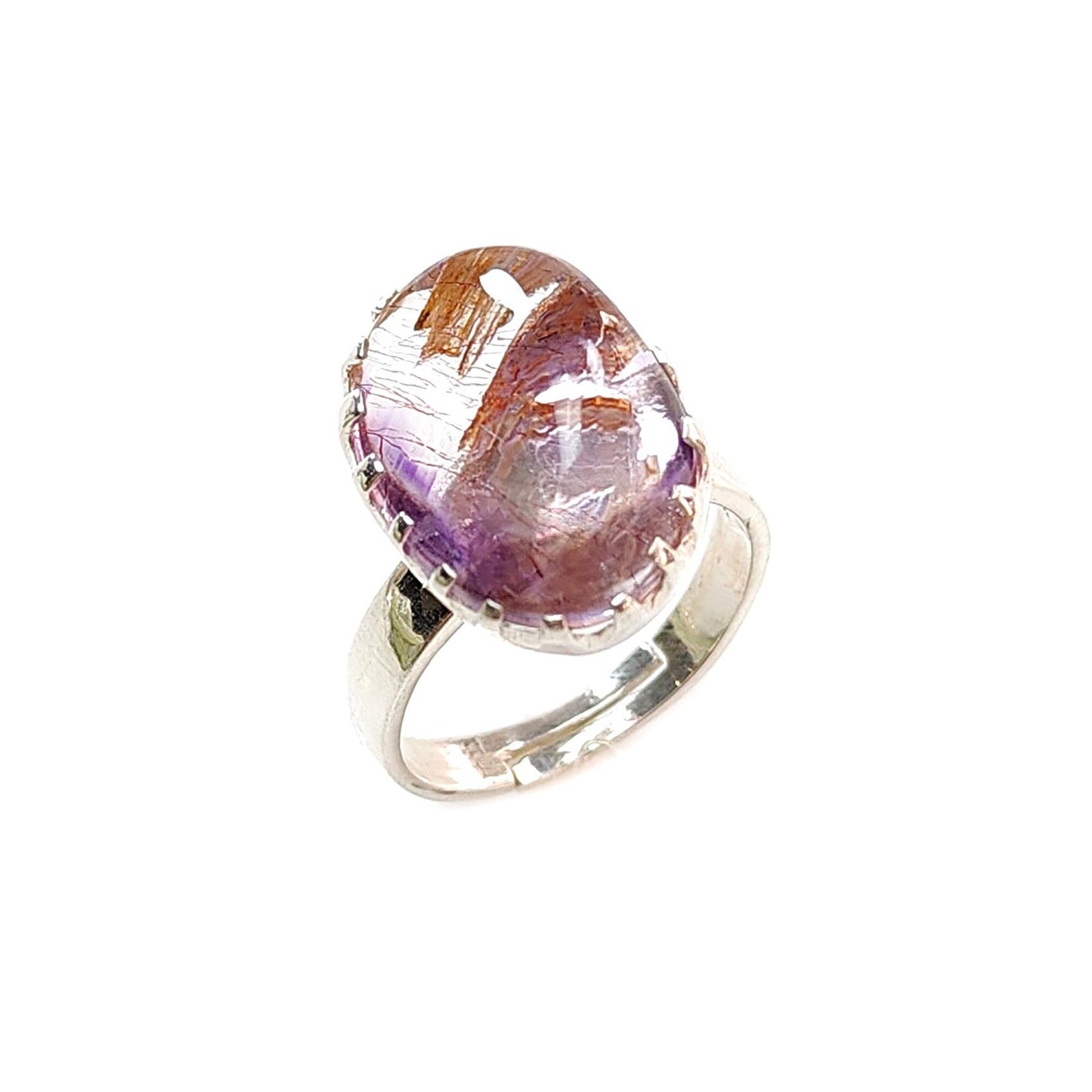 Amethyst Plain Silver Ring: 5.41gms Natural Untreated Super Seven Amethyst Fancy Shape Plain 925 Sterling Silver Bezel Set Adjustable Ring