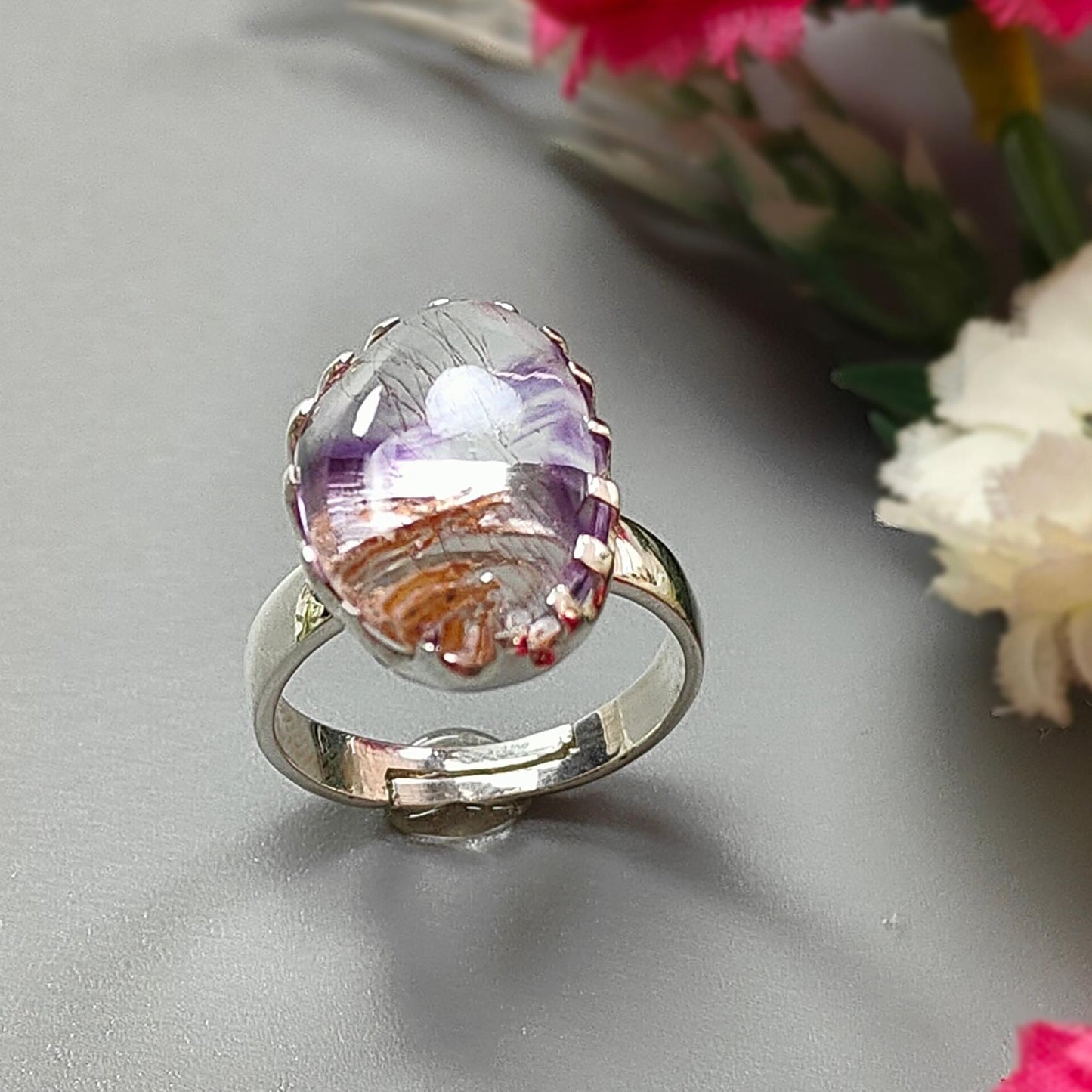 Amethyst Plain Silver Ring: 5.41gms Natural Untreated Super Seven Amethyst Fancy Shape Plain 925 Sterling Silver Bezel Set Adjustable Ring