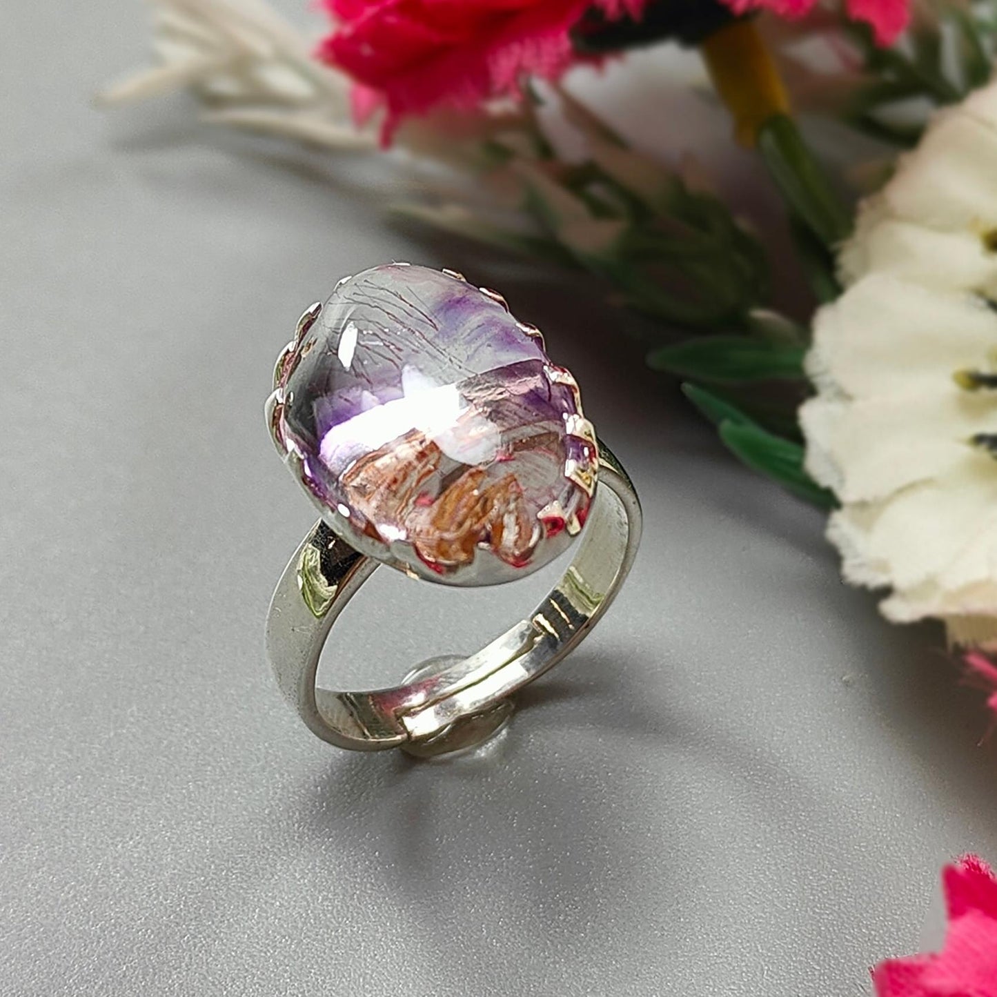 Amethyst Plain Silver Ring: 5.41gms Natural Untreated Super Seven Amethyst Fancy Shape Plain 925 Sterling Silver Bezel Set Adjustable Ring