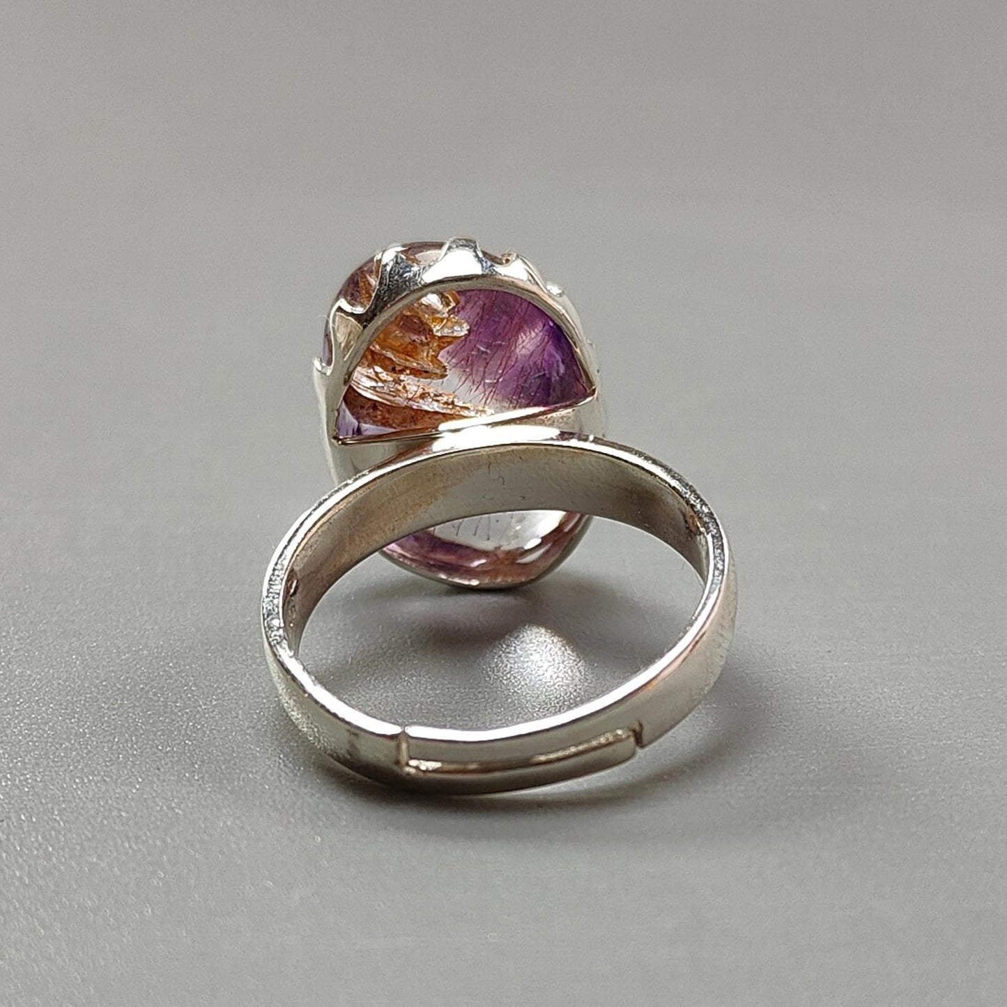 Amethyst Plain Silver Ring: 5.41gms Natural Untreated Super Seven Amethyst Fancy Shape Plain 925 Sterling Silver Bezel Set Adjustable Ring