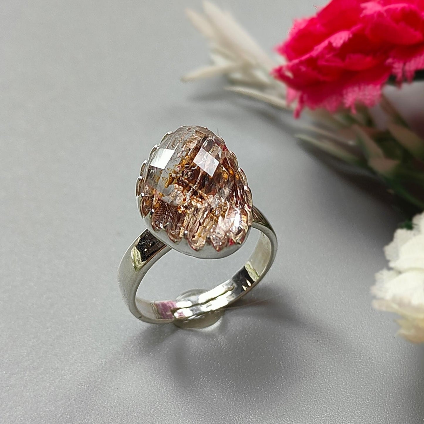 Amethyst Plain Silver Ring: 5.43gms Natural Untreated Super Seven Amethyst Fancy Shape Plain 925 Sterling Silver Bezel Set Adjustable Ring