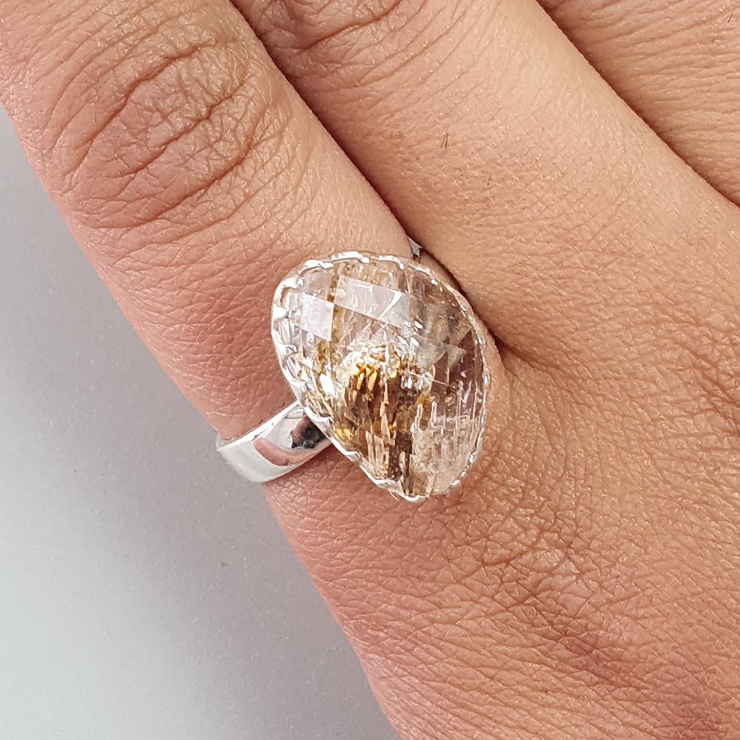 Amethyst Plain Silver Ring: 5.43gms Natural Untreated Super Seven Amethyst Fancy Shape Plain 925 Sterling Silver Bezel Set Adjustable Ring