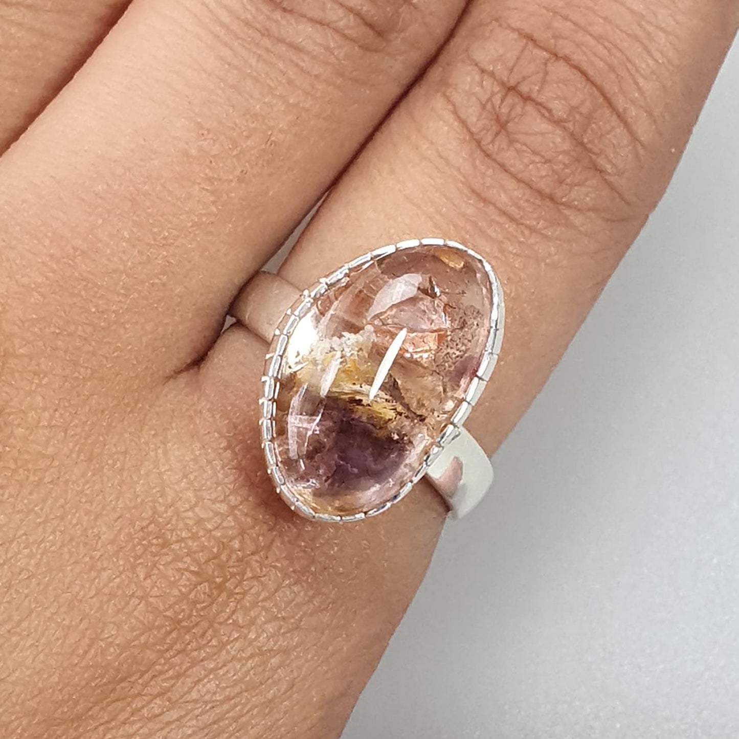 Amethyst Plain Silver Ring: 5.56gms Natural Untreated Super Seven Amethyst Fancy Shape Plain 925 Sterling Silver Bezel Set Adjustable Ring