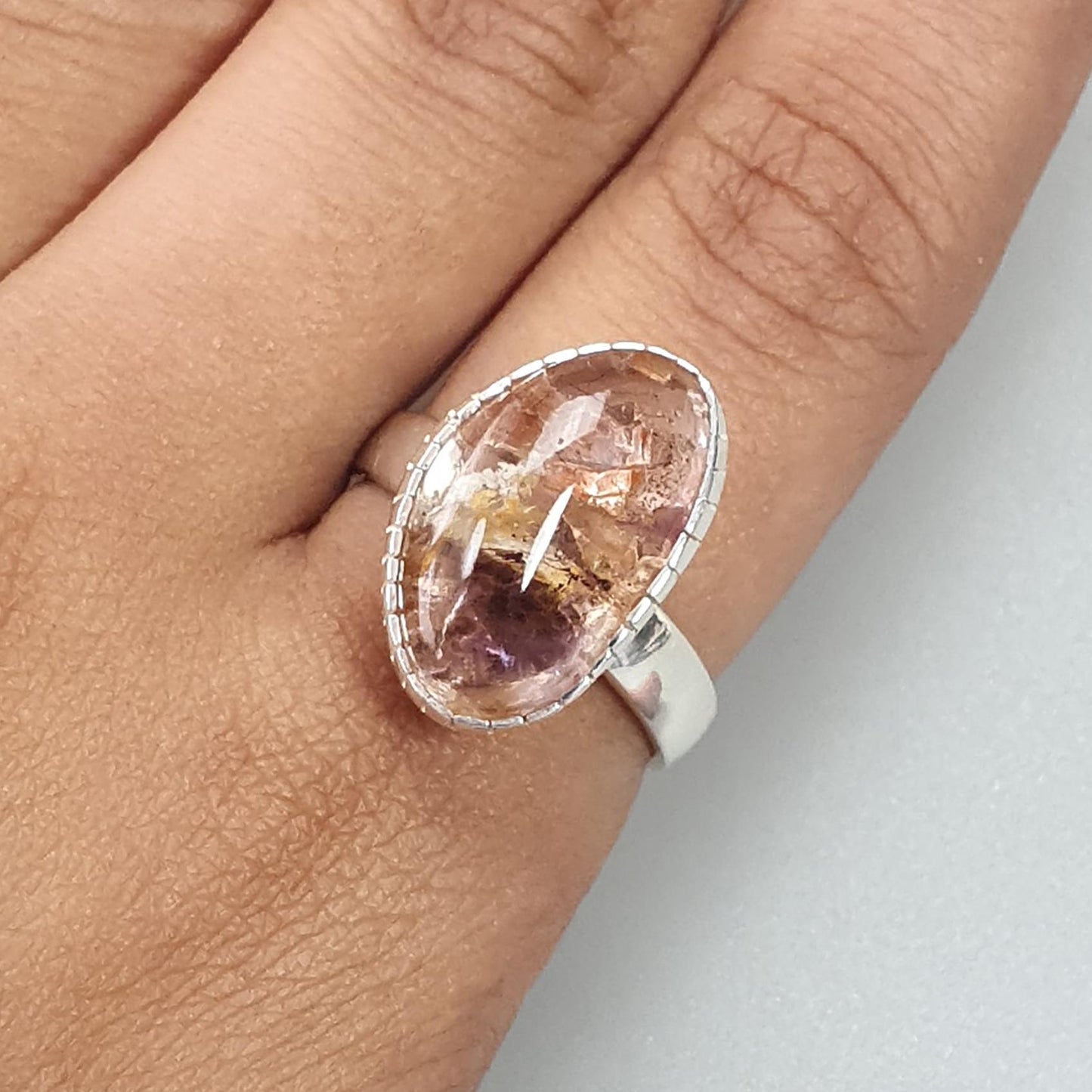 Amethyst Plain Silver Ring: 5.56gms Natural Untreated Super Seven Amethyst Fancy Shape Plain 925 Sterling Silver Bezel Set Adjustable Ring