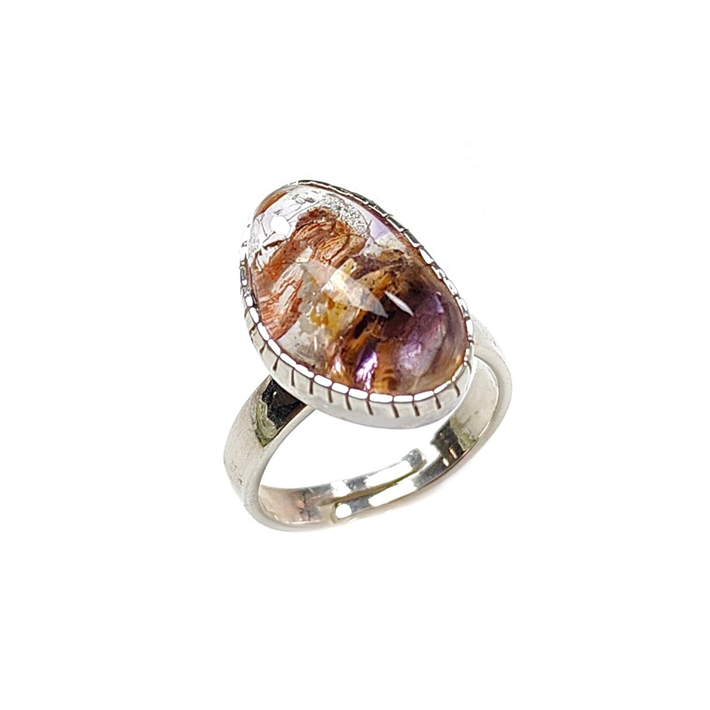 Amethyst Plain Silver Ring: 5.56gms Natural Untreated Super Seven Amethyst Fancy Shape Plain 925 Sterling Silver Bezel Set Adjustable Ring