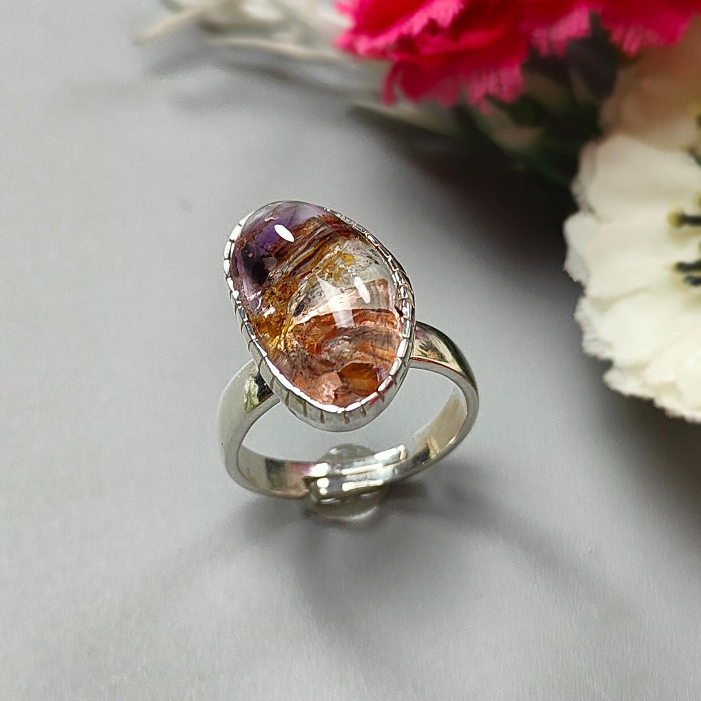 Amethyst Plain Silver Ring: 5.56gms Natural Untreated Super Seven Amethyst Fancy Shape Plain 925 Sterling Silver Bezel Set Adjustable Ring