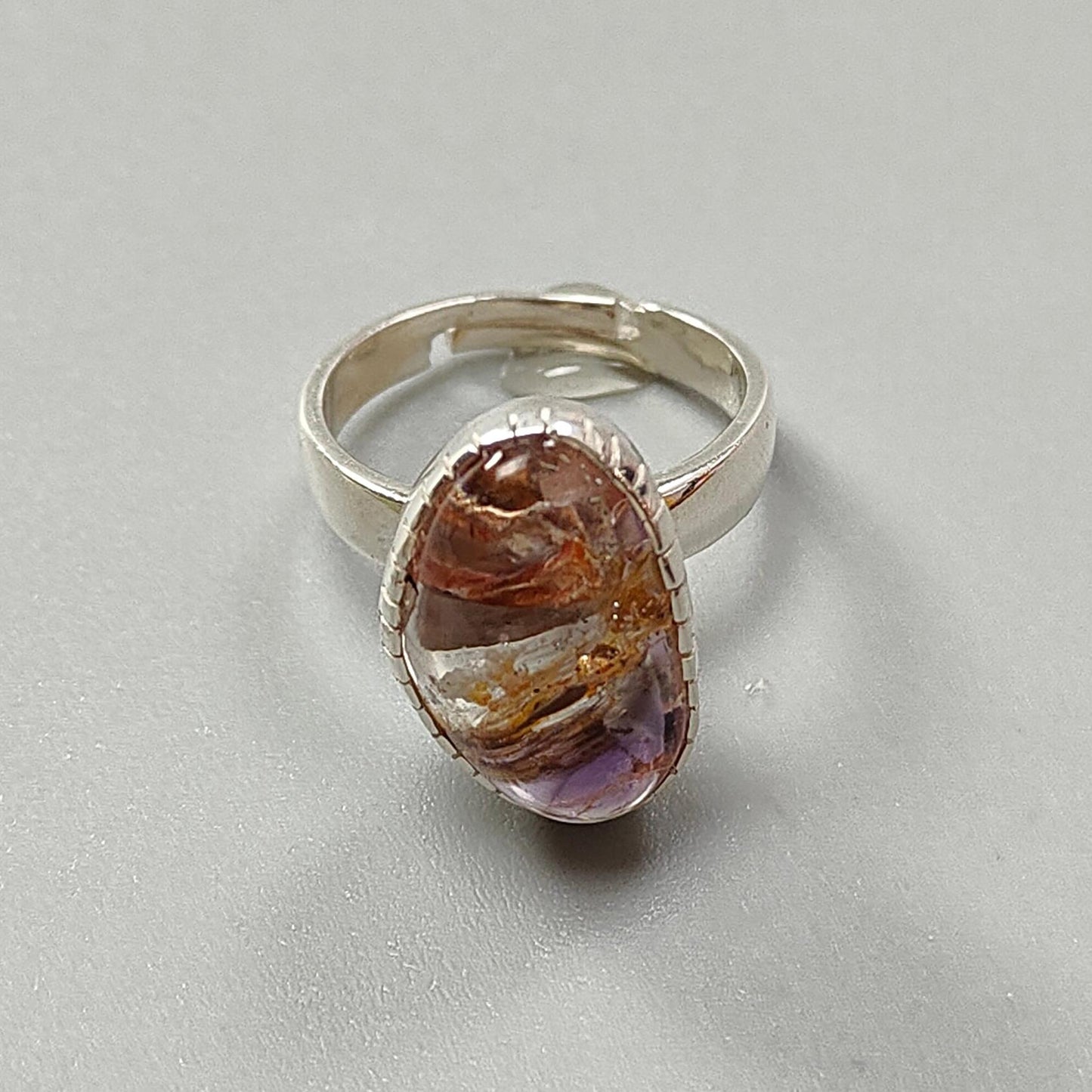 Amethyst Plain Silver Ring: 5.56gms Natural Untreated Super Seven Amethyst Fancy Shape Plain 925 Sterling Silver Bezel Set Adjustable Ring