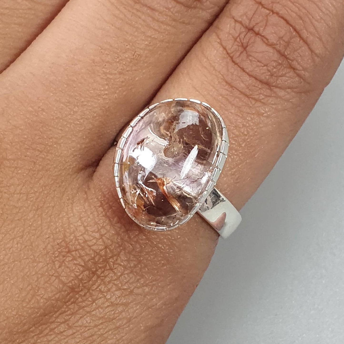 Amethyst Plain Silver Ring: 5.63gms Natural Untreated Super Seven Amethyst Fancy Shape Plain 925 Sterling Silver Bezel Set Adjustable Ring