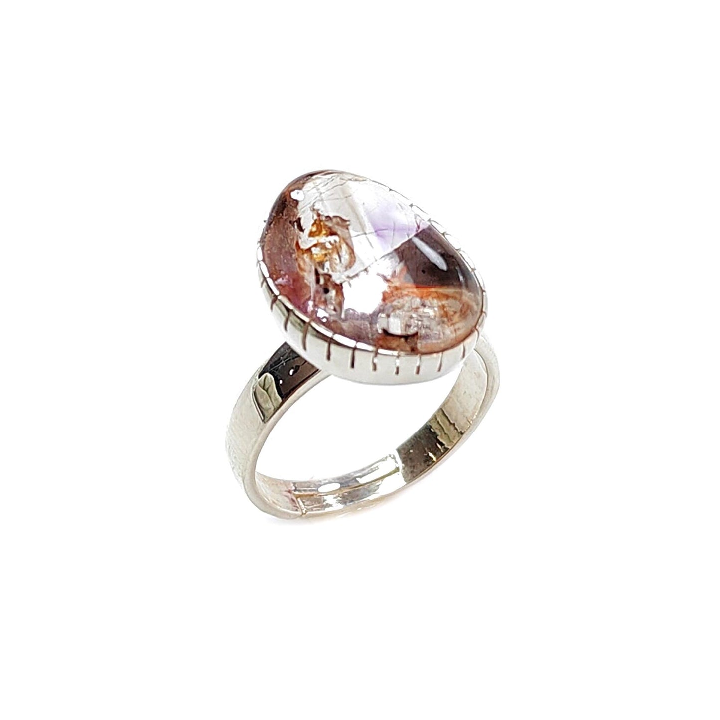 Amethyst Plain Silver Ring: 5.63gms Natural Untreated Super Seven Amethyst Fancy Shape Plain 925 Sterling Silver Bezel Set Adjustable Ring