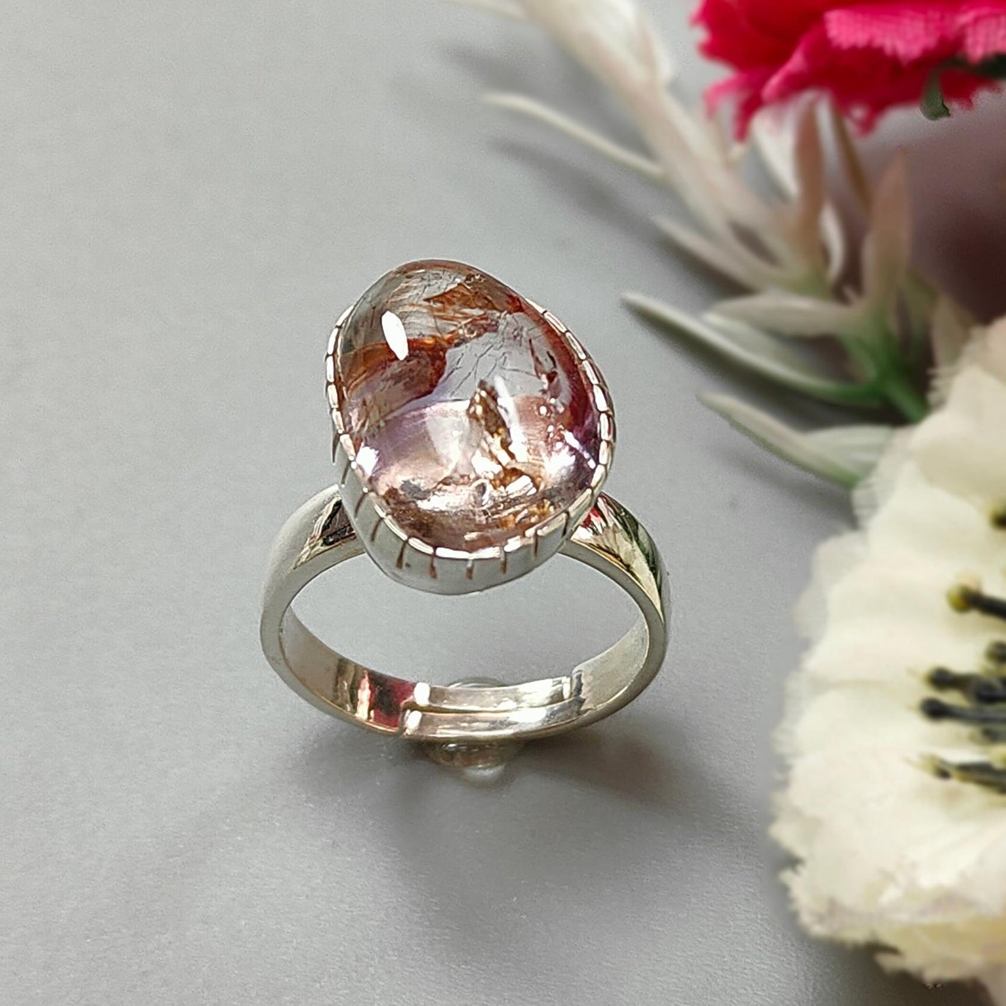 Amethyst Plain Silver Ring: 5.63gms Natural Untreated Super Seven Amethyst Fancy Shape Plain 925 Sterling Silver Bezel Set Adjustable Ring