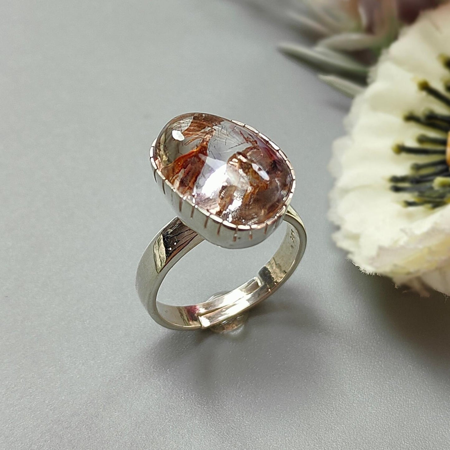 Amethyst Plain Silver Ring: 5.63gms Natural Untreated Super Seven Amethyst Fancy Shape Plain 925 Sterling Silver Bezel Set Adjustable Ring