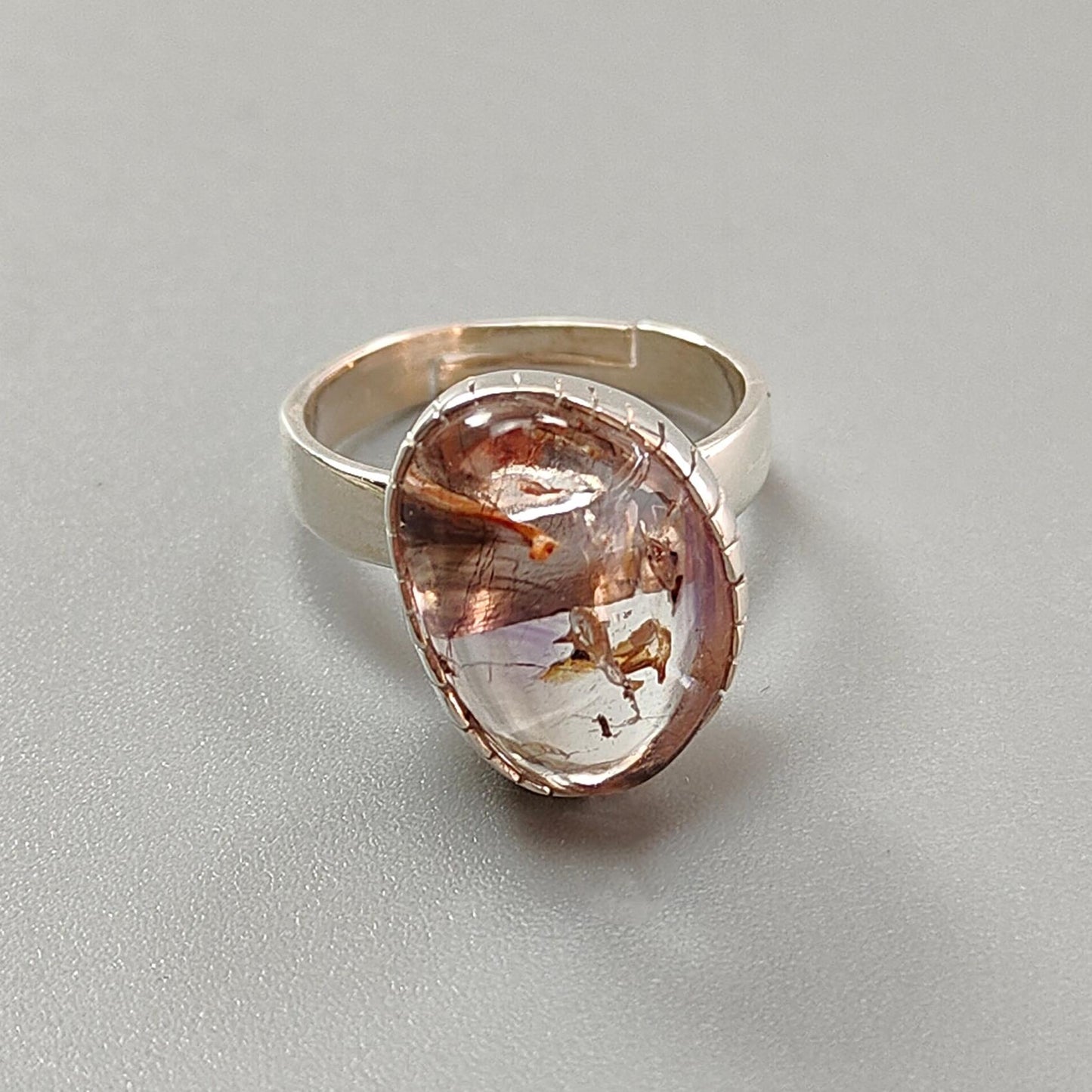 Amethyst Plain Silver Ring: 5.63gms Natural Untreated Super Seven Amethyst Fancy Shape Plain 925 Sterling Silver Bezel Set Adjustable Ring