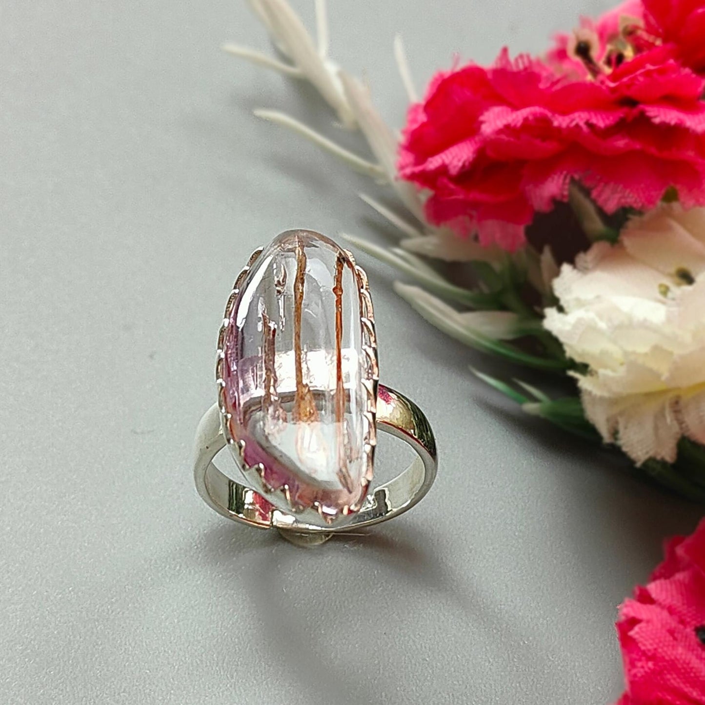 Amethyst Plain Silver Ring: 5.83gms Natural Untreated Super Seven Amethyst Fancy Shape Plain 925 Sterling Silver Bezel Set Adjustable Ring