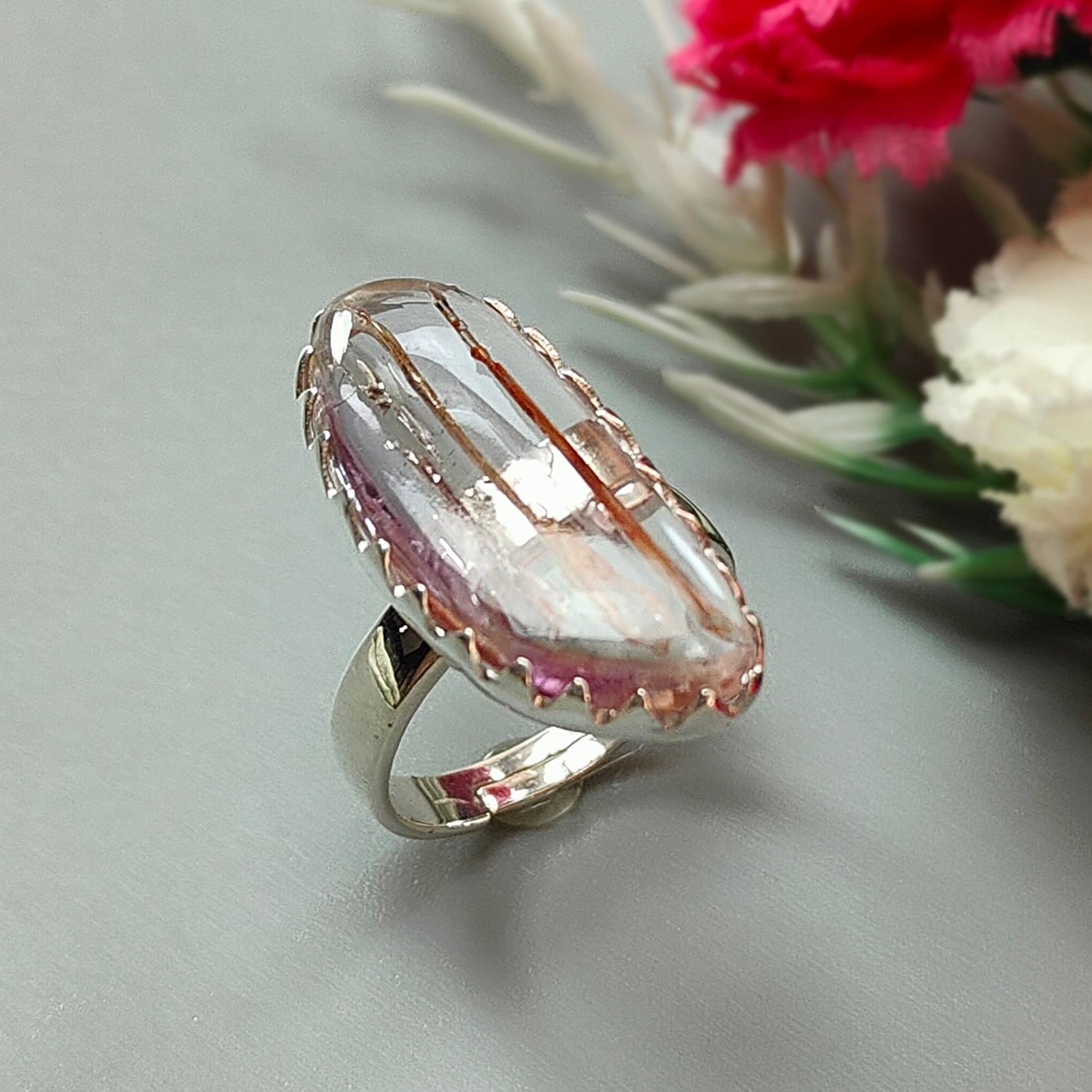 Amethyst Plain Silver Ring: 5.83gms Natural Untreated Super Seven Amethyst Fancy Shape Plain 925 Sterling Silver Bezel Set Adjustable Ring