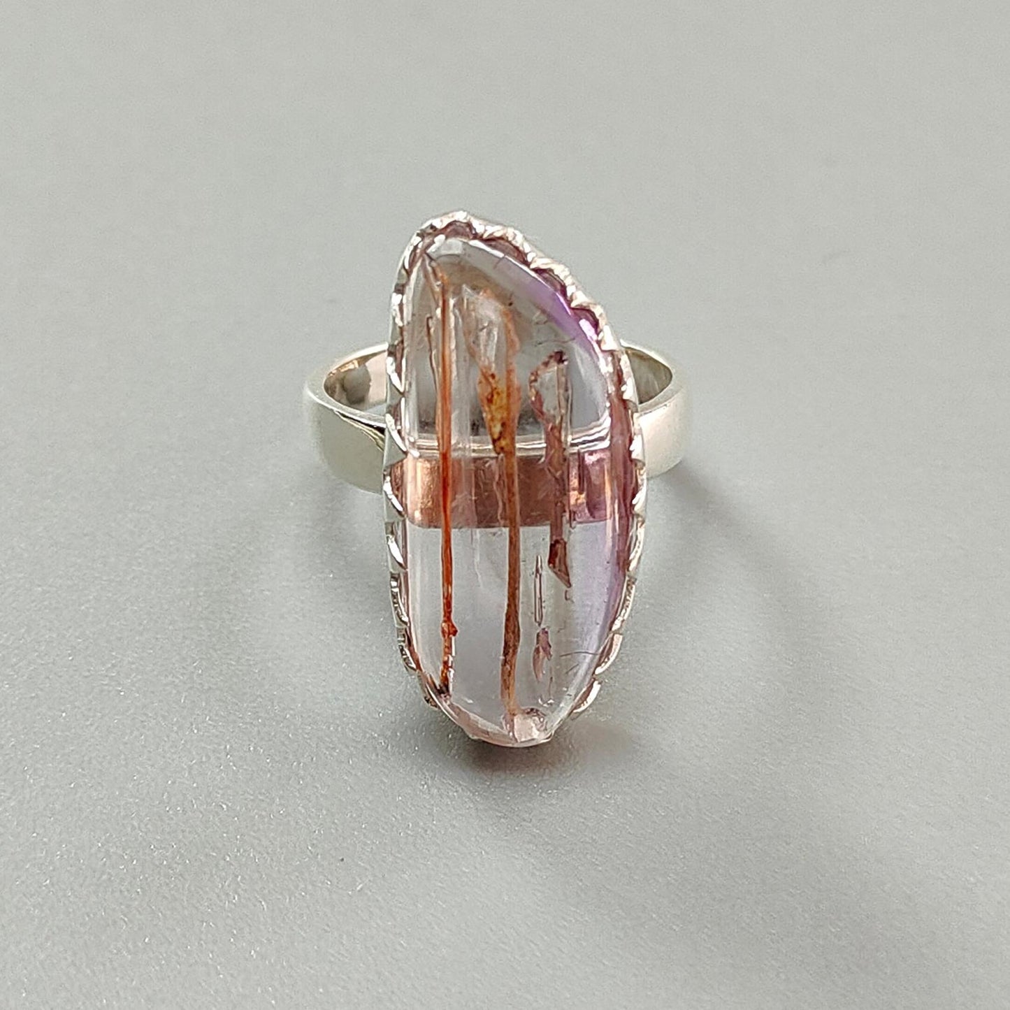 Amethyst Plain Silver Ring: 5.83gms Natural Untreated Super Seven Amethyst Fancy Shape Plain 925 Sterling Silver Bezel Set Adjustable Ring