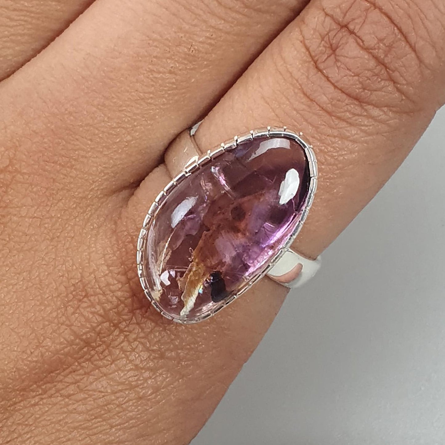 Amethyst Plain Silver Ring: 5.84gms Natural Untreated Super Seven Amethyst Fancy Shape Plain 925 Sterling Silver Bezel Set Adjustable Ring