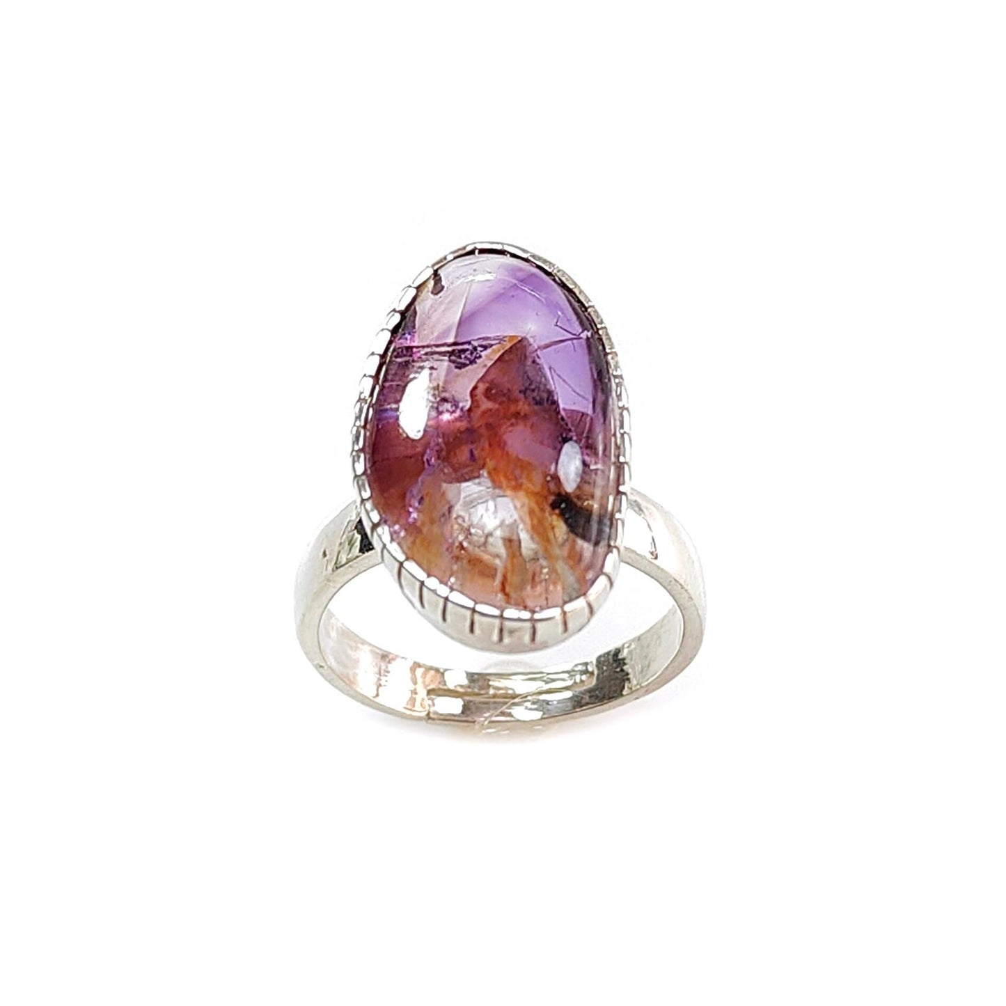 Amethyst Plain Silver Ring: 5.84gms Natural Untreated Super Seven Amethyst Fancy Shape Plain 925 Sterling Silver Bezel Set Adjustable Ring